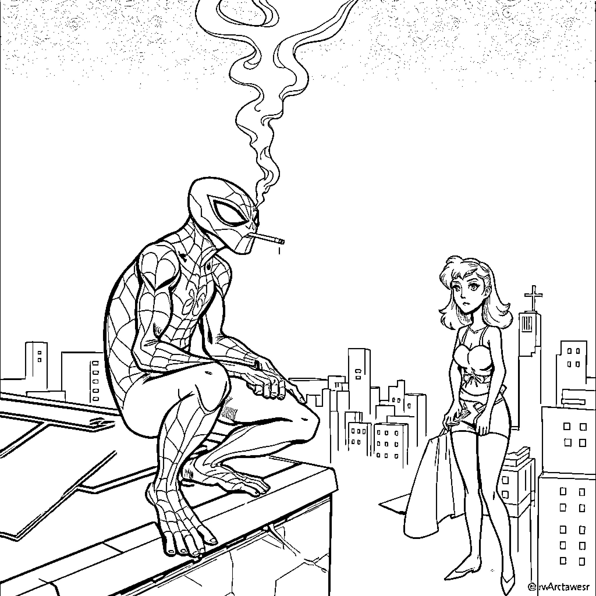 Green Goblin Faces Off Against Superhero and Citizen in City Coloring Page (free black-and-white line drawing printable PDF for all, from beginners to advanced learners, including children, teens, adults, and seniors)