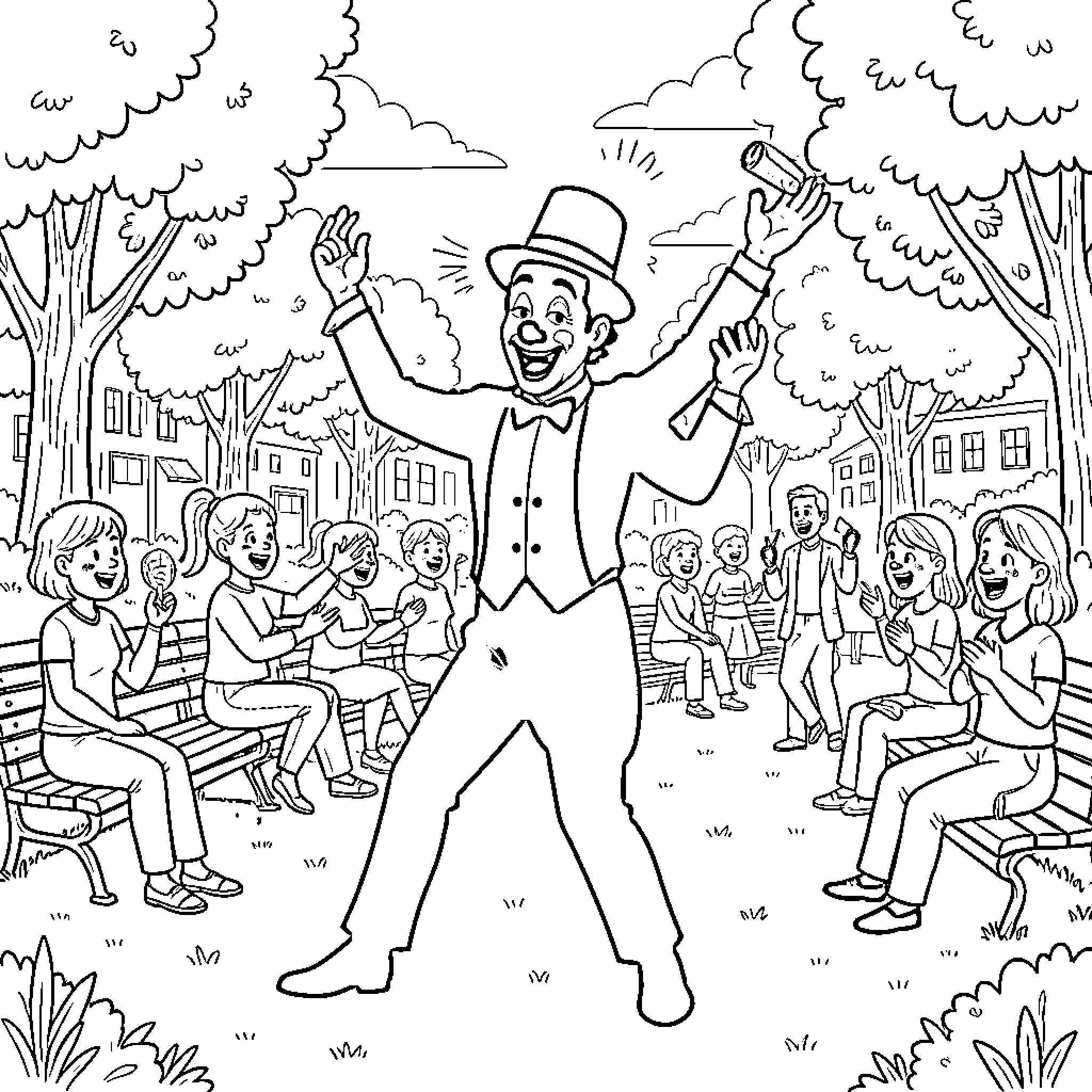 Mime performing for a crowd in a park Coloring Page (free black-and-white line drawing printable PDF for all, from beginners to advanced learners, including children, teens, adults, and seniors)