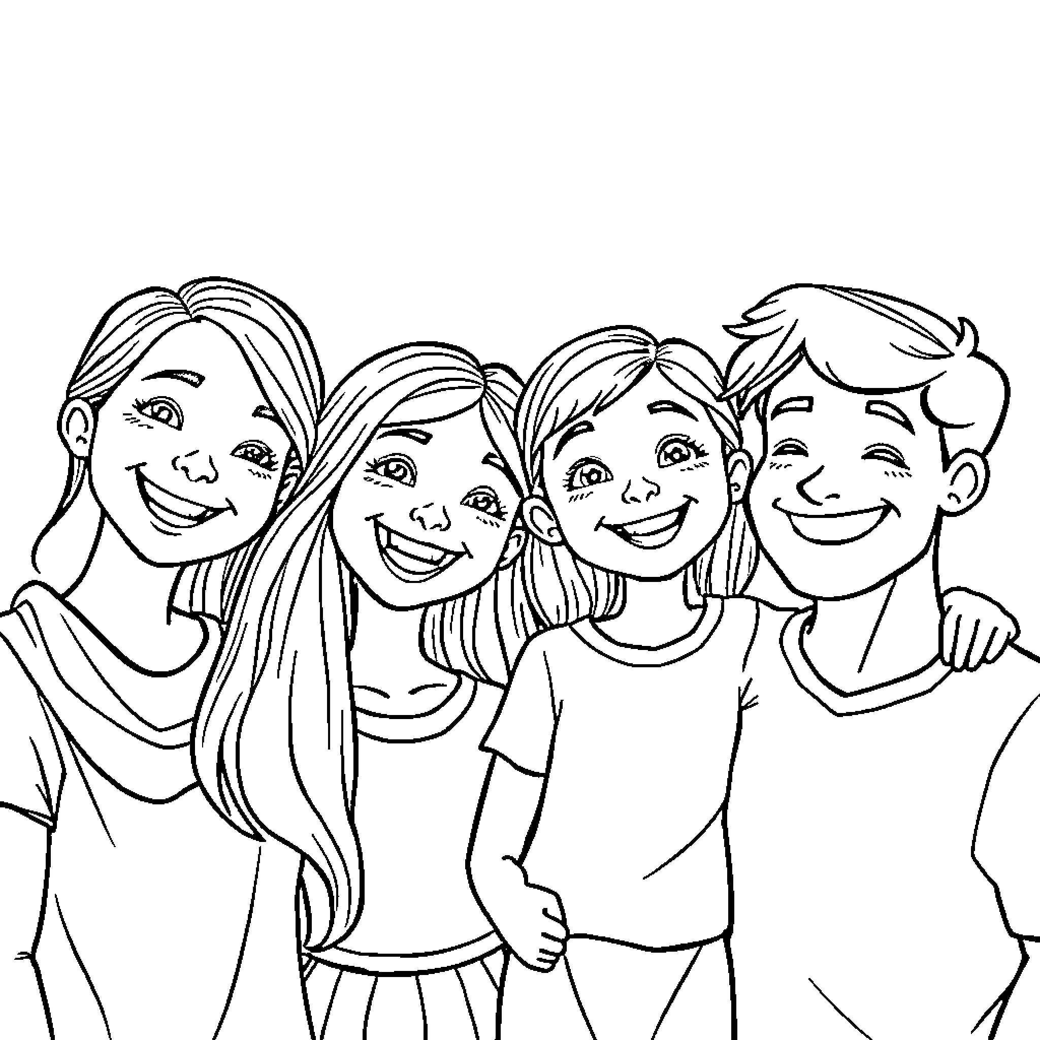 Family Posing Together with Joyful Expressions Coloring Page (free black-and-white line drawing printable PDF for all, from beginners to advanced learners, including children, teens, adults, and seniors)