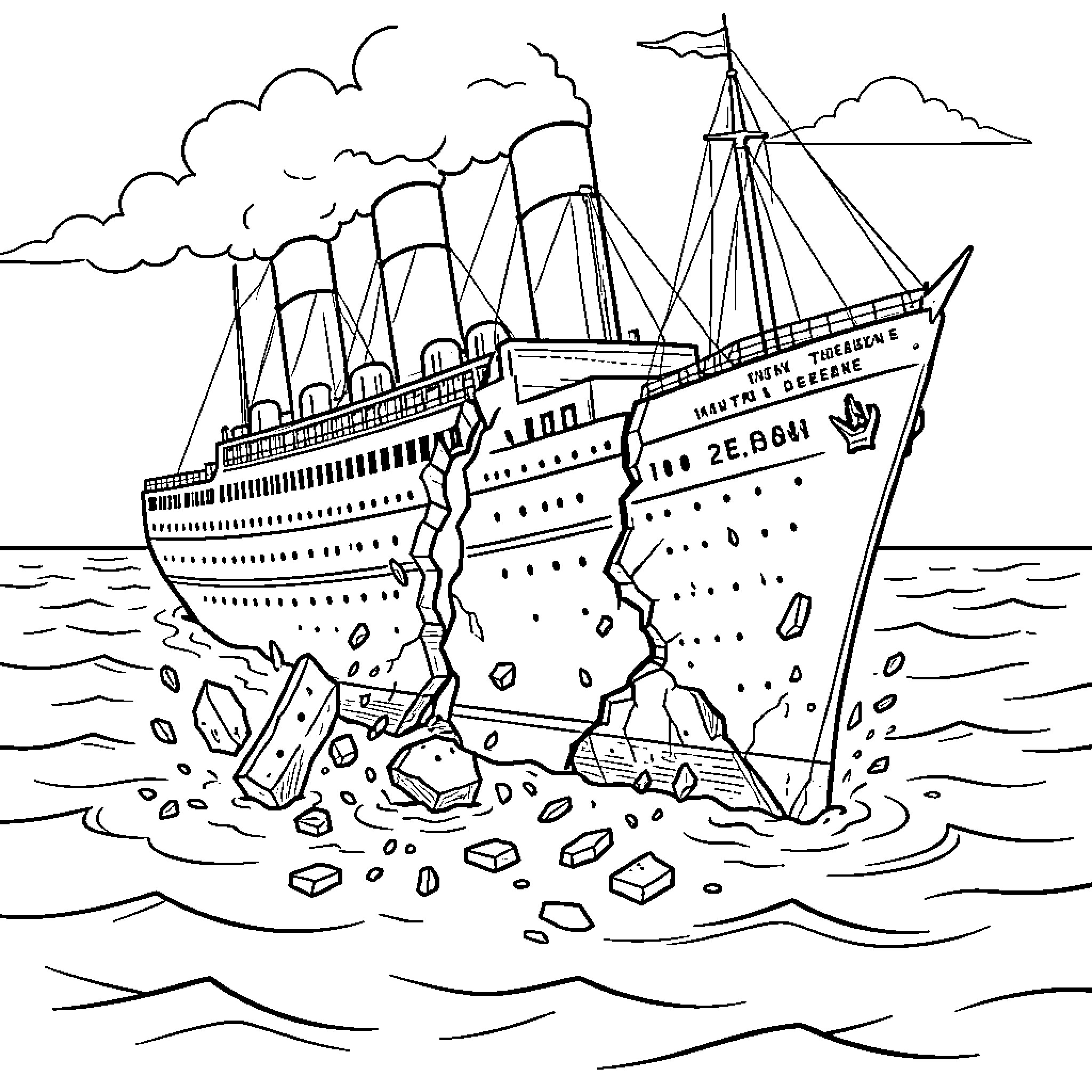 Titanic breaking apart in the ocean waves Coloring Page (free black-and-white line drawing printable PDF for all, from beginners to advanced learners, including children, teens, adults, and seniors)