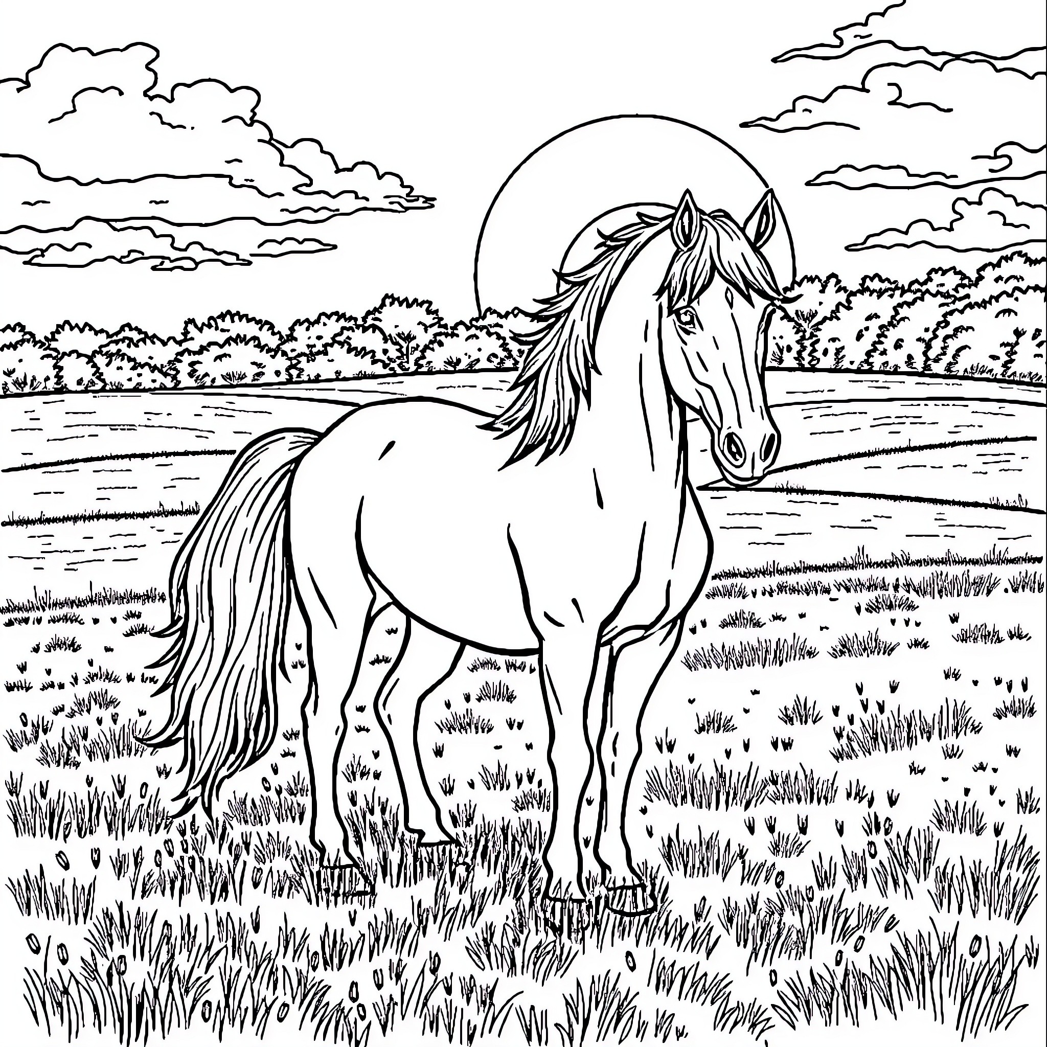 Horse grazing peacefully in a scenic landscape Coloring Page (free black-and-white line drawing printable PDF for all, from beginners to advanced learners, including children, teens, adults, and seniors)