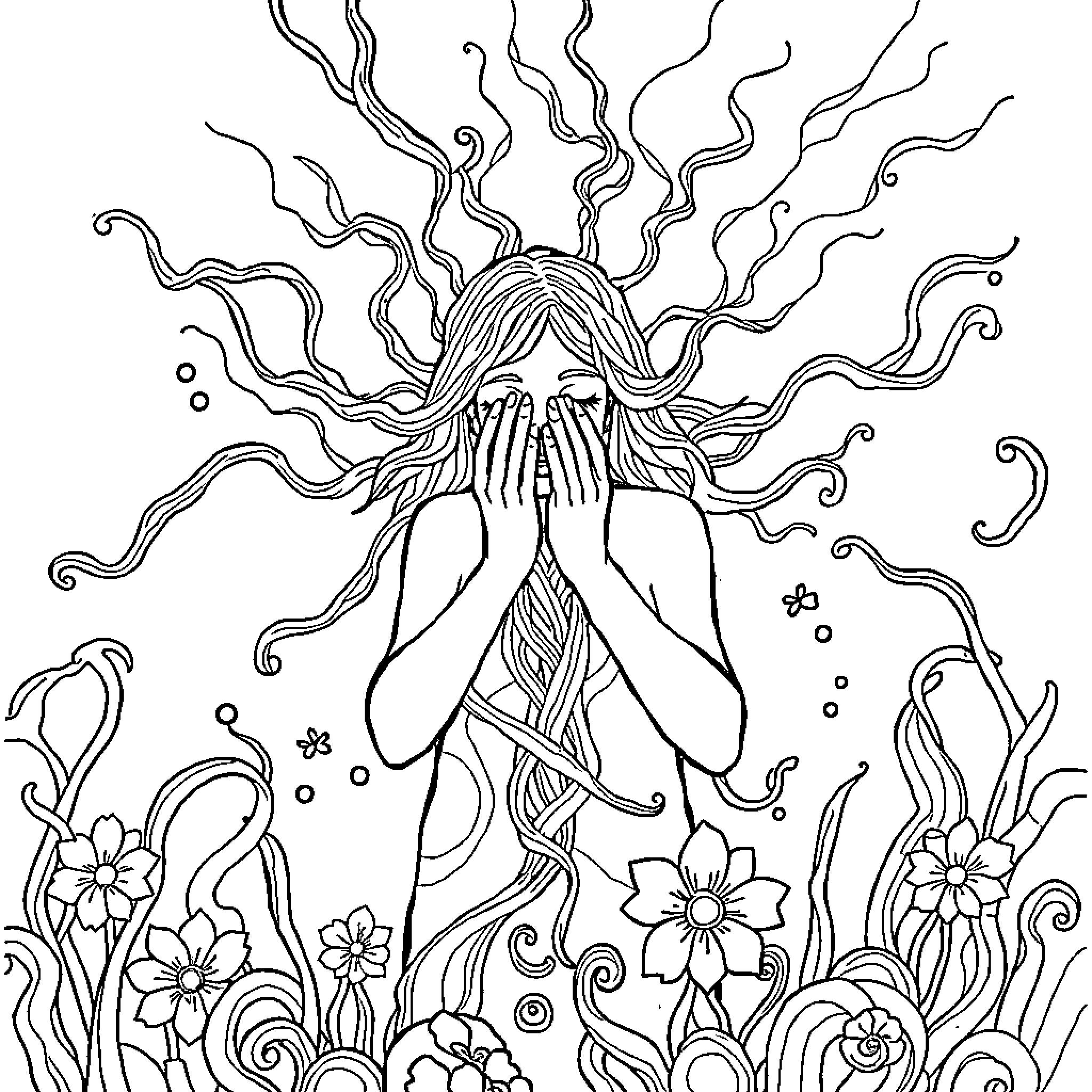 Sorry, woman hiding face surrounded by nature Coloring Page (free black-and-white line drawing printable PDF for all, from beginners to advanced learners, including children, teens, adults, and seniors)