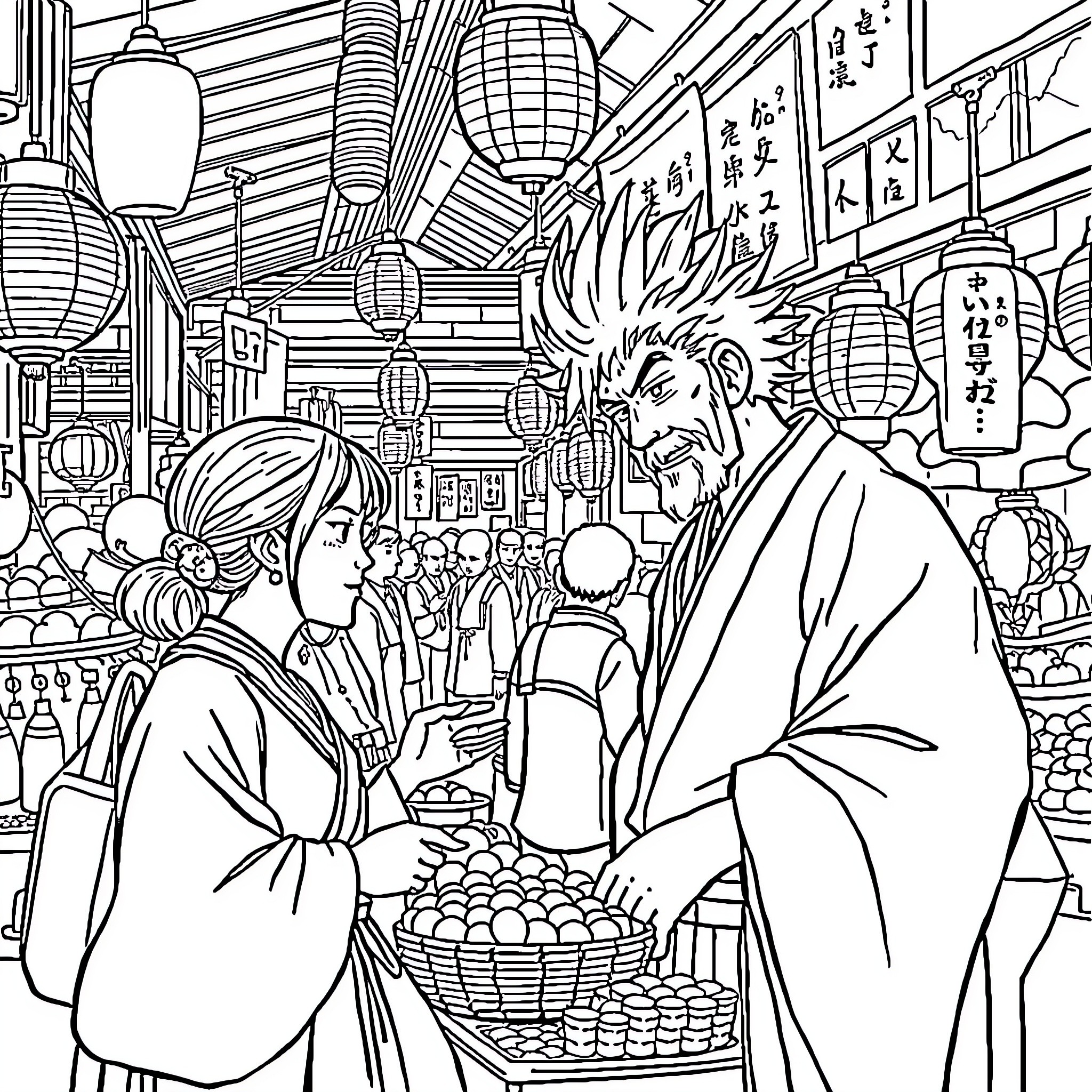 Isagi's Bustling Street Market Adventure Coloring Page (free black-and-white line drawing printable PDF for all, from beginners to advanced learners, including children, teens, adults, and seniors)
