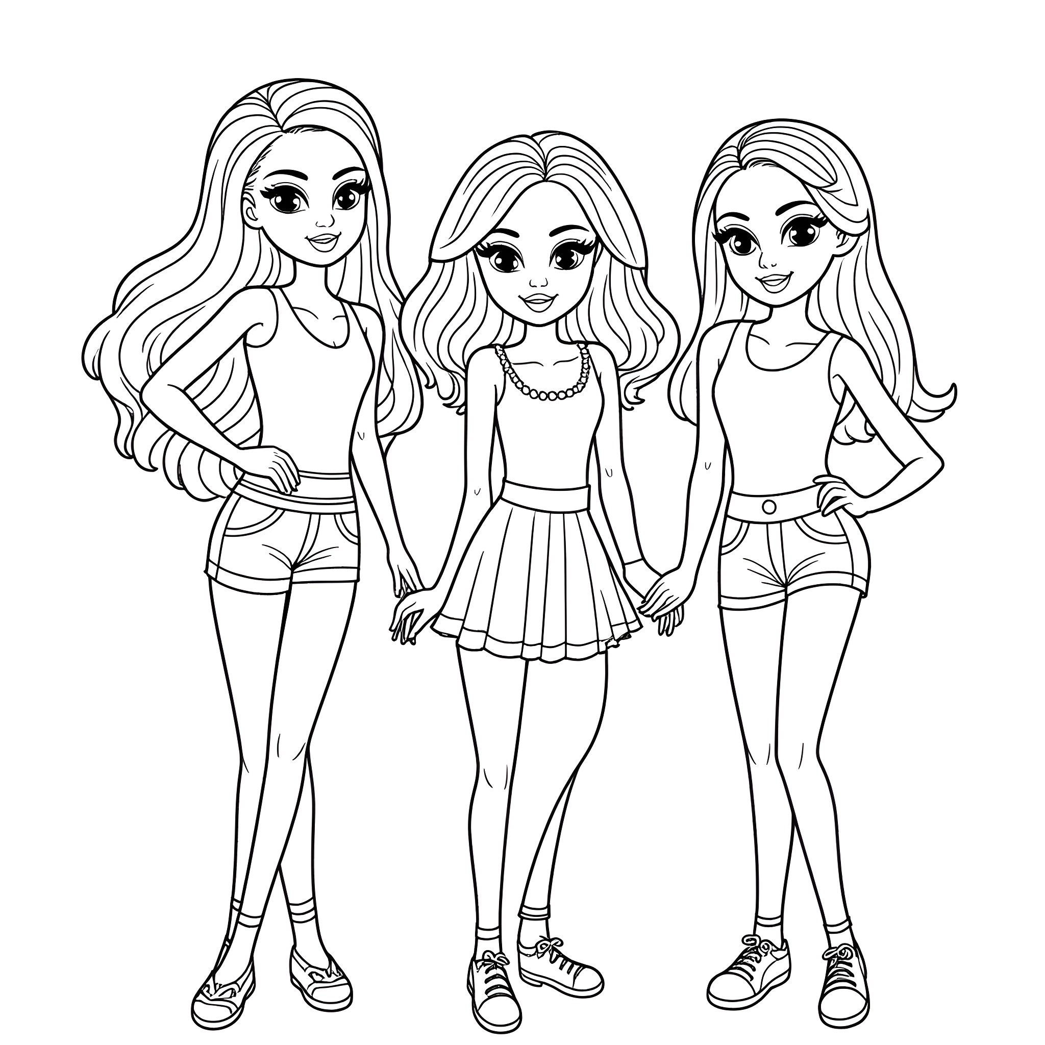 Barbie friends posing in various outfits Coloring Page (free black-and-white line drawing printable PDF for all, from beginners to advanced learners, including children, teens, adults, and seniors)