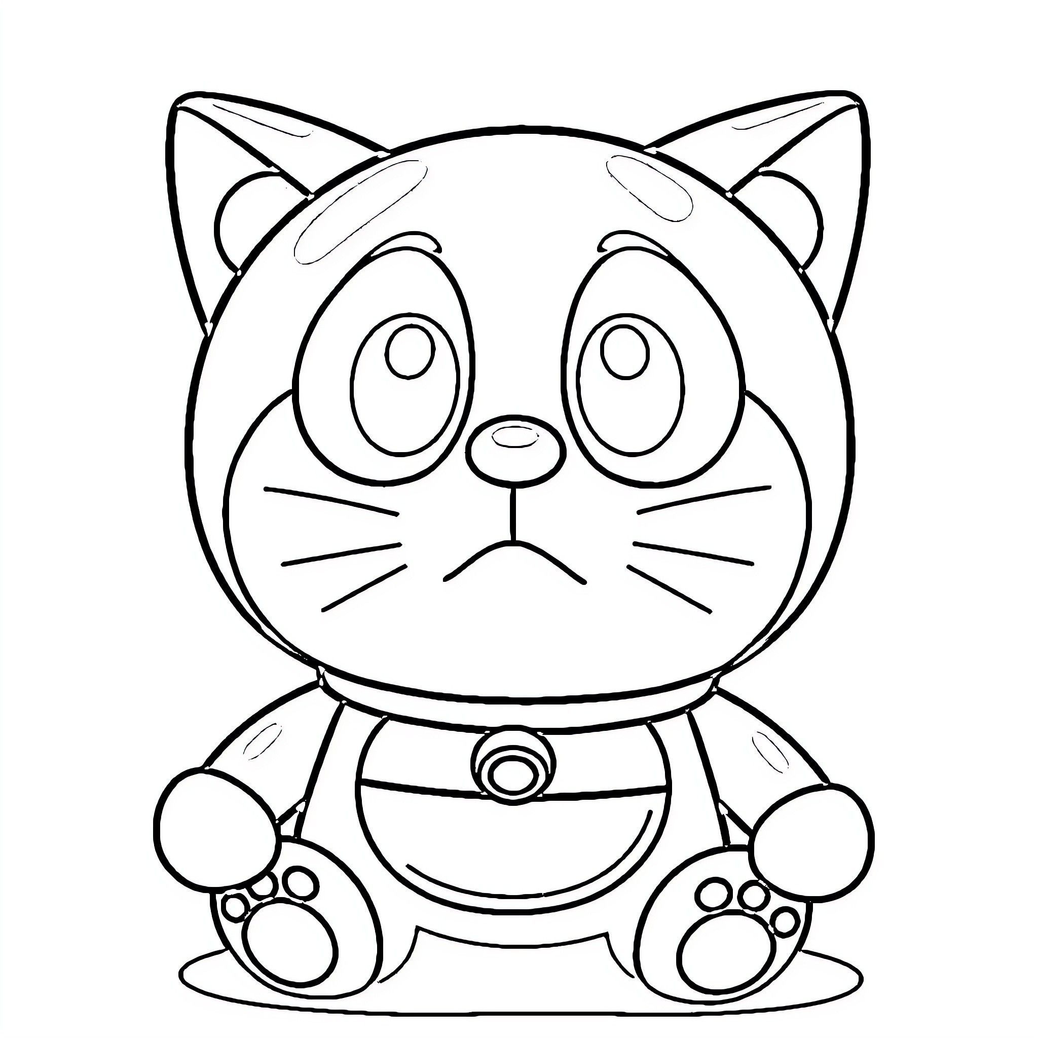 Doraemon, the friendly robotic cat character Coloring Page (free black-and-white line drawing printable PDF for all, from beginners to advanced learners, including children, teens, adults, and seniors)