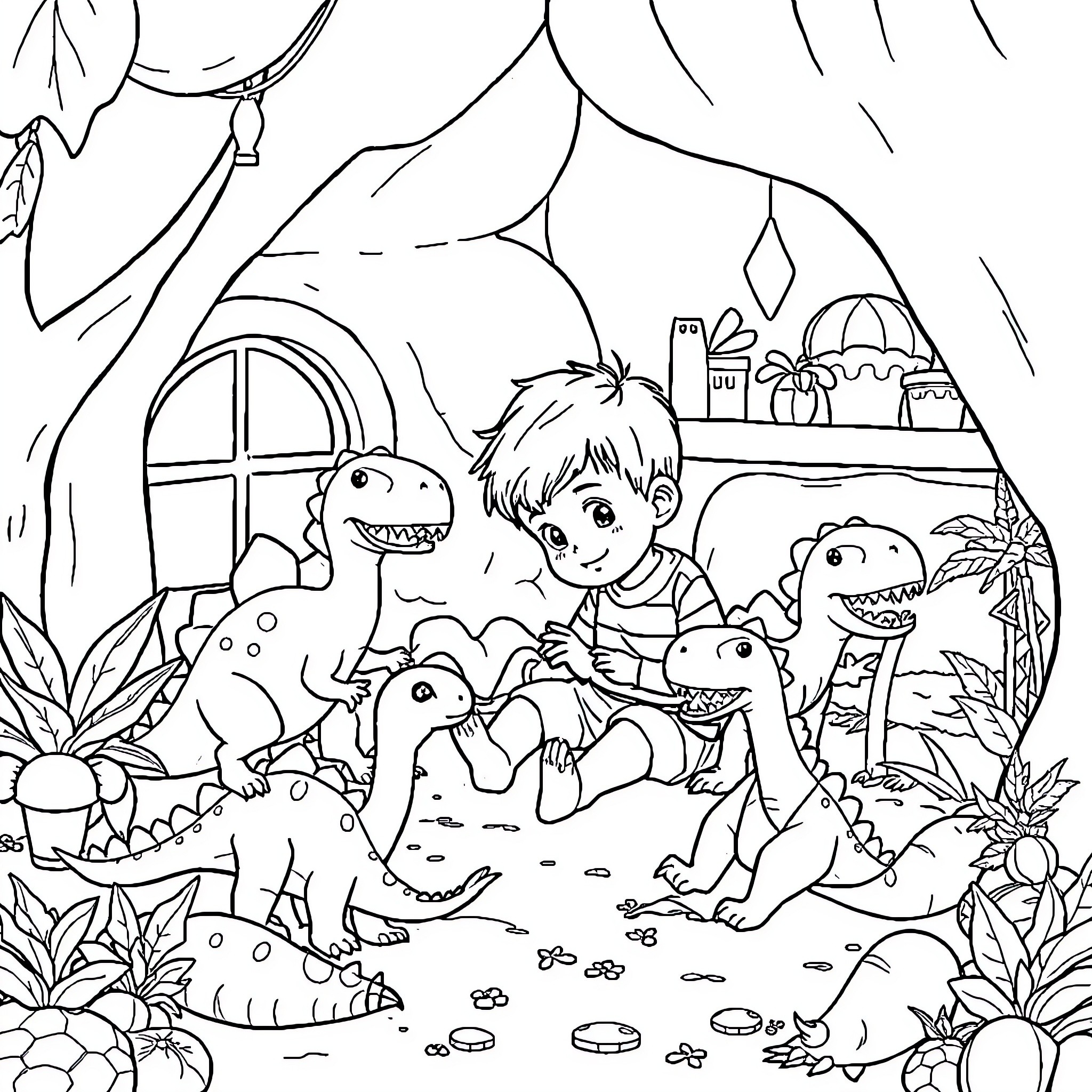 Child playing with dinosaur toys in indoor jungle Coloring Page (free black-and-white line drawing printable PDF for all, from beginners to advanced learners, including children, teens, adults, and seniors)