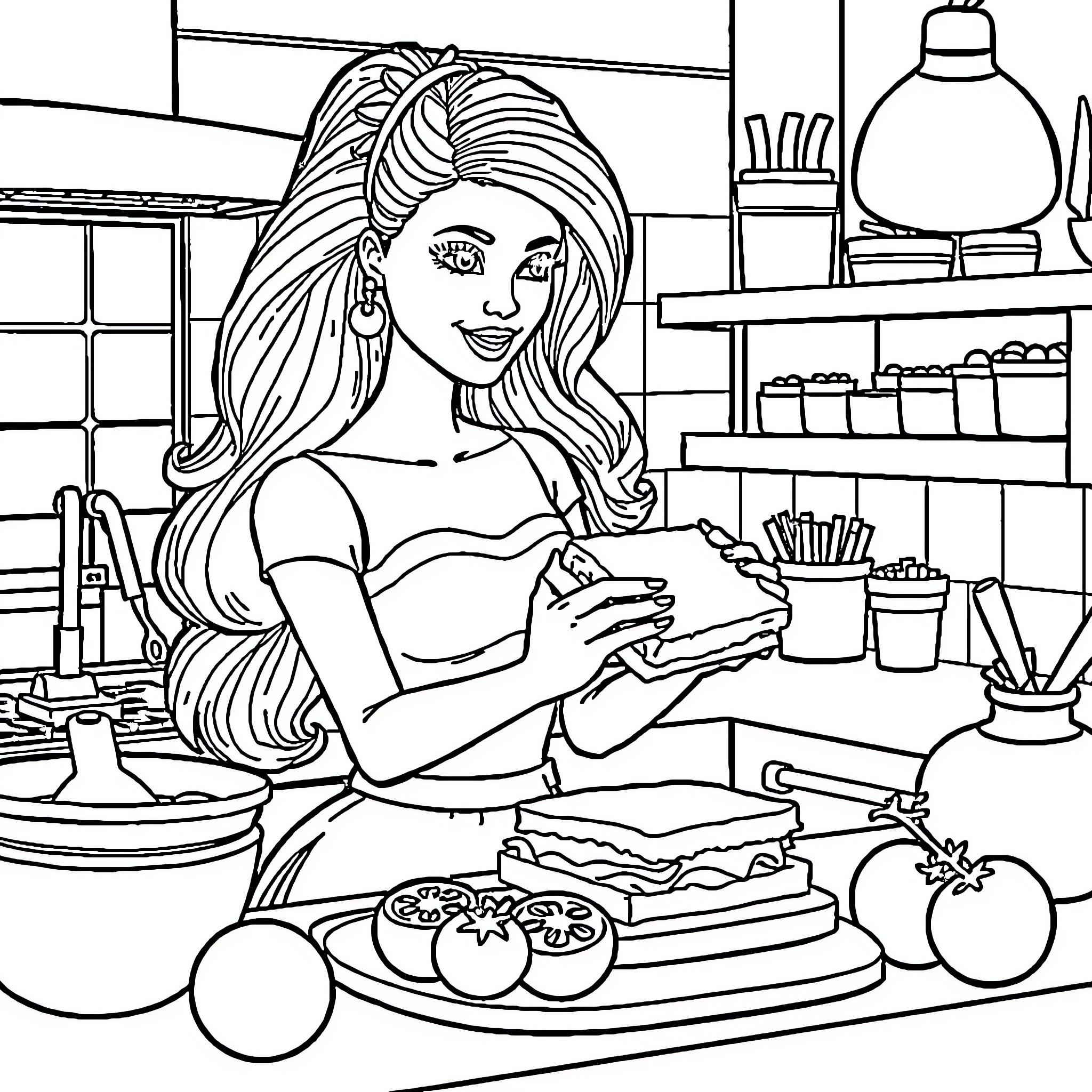 Barbie Preparing a Delicious Meal in the Kitchen Coloring Page (free black-and-white line drawing printable PDF for all, from beginners to advanced learners, including children, teens, adults, and seniors)