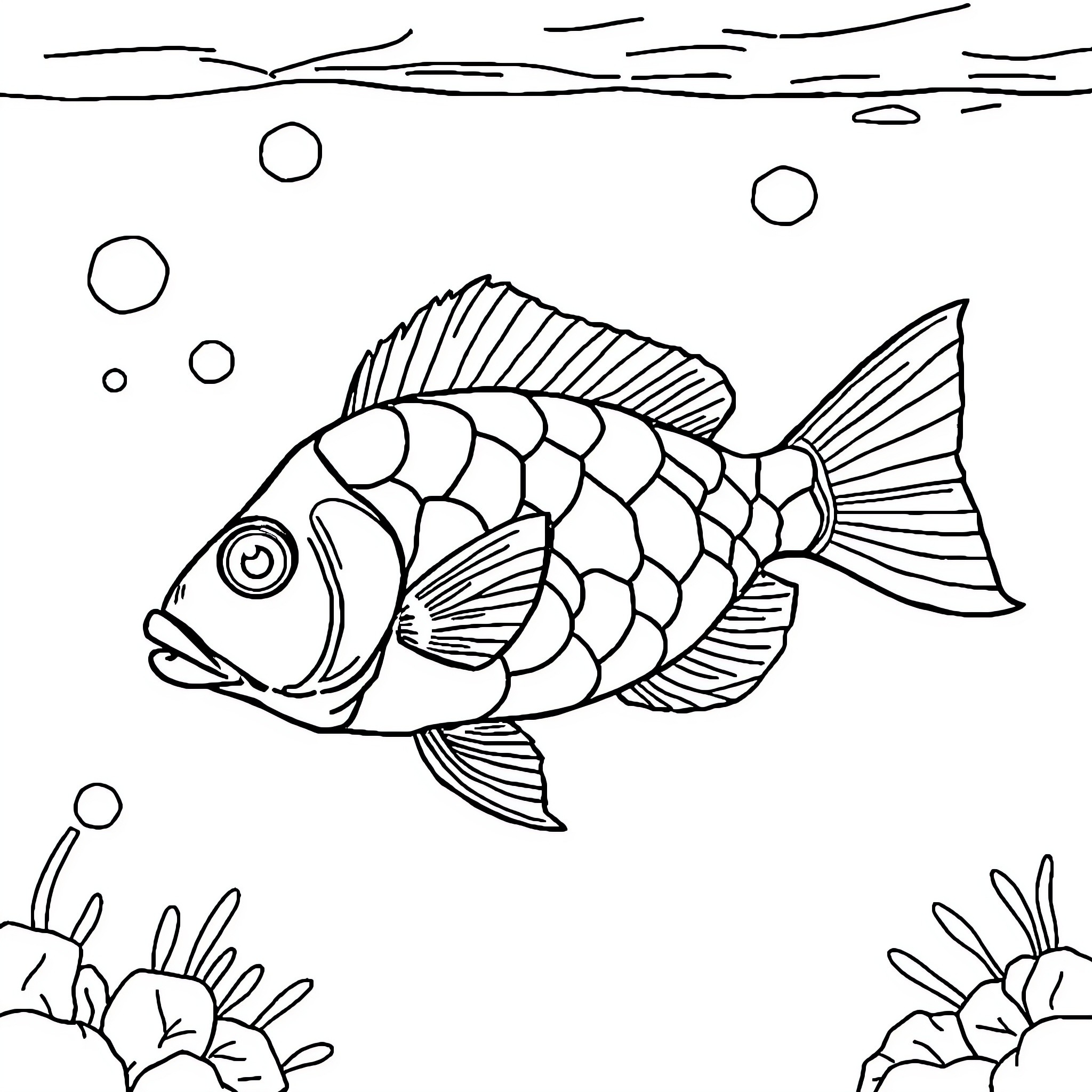 Fish swimming gracefully in underwater scene Coloring Page (free black-and-white line drawing printable PDF for all, from beginners to advanced learners, including children, teens, adults, and seniors)