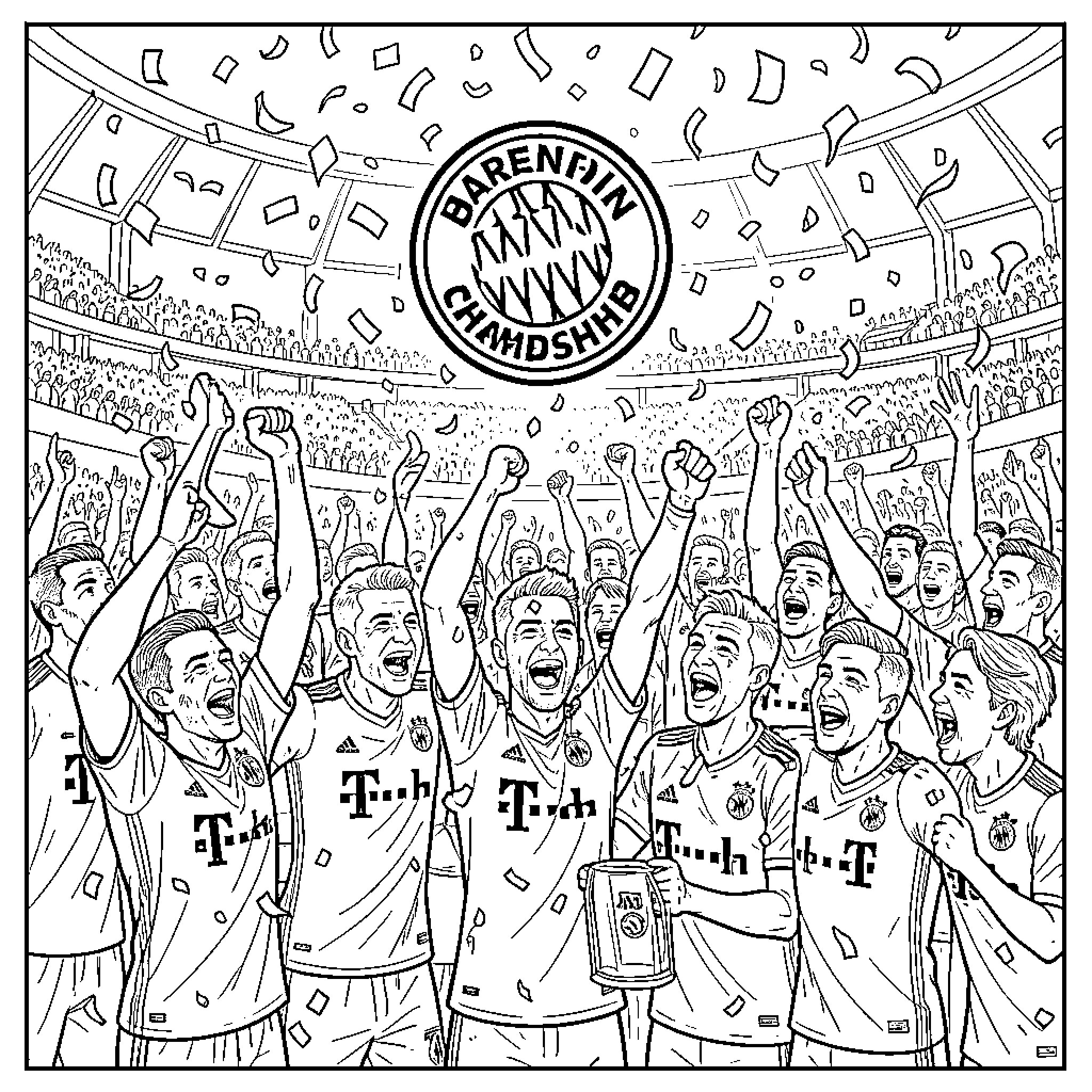 Bayern Munich players celebrating championship victory Coloring Page (free black-and-white line drawing printable PDF for all, from beginners to advanced learners, including children, teens, adults, and seniors)