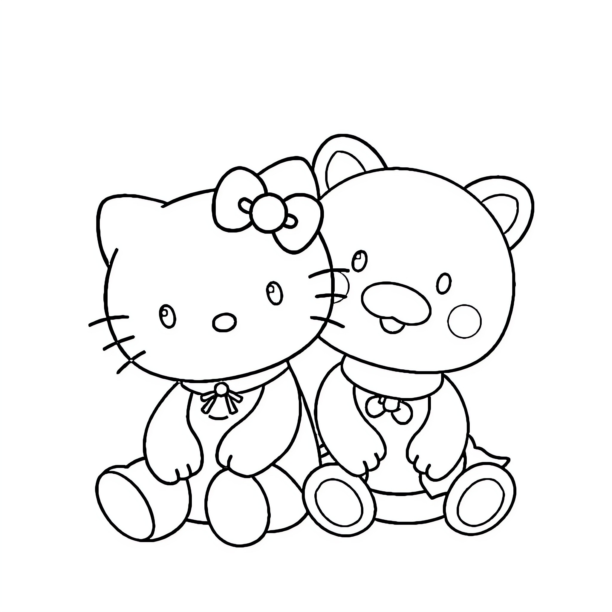 Hello Kitty and Teddy Bear Cuddling Coloring Page (free black-and-white line drawing printable PDF for all, from beginners to advanced learners, including children, teens, adults, and seniors)