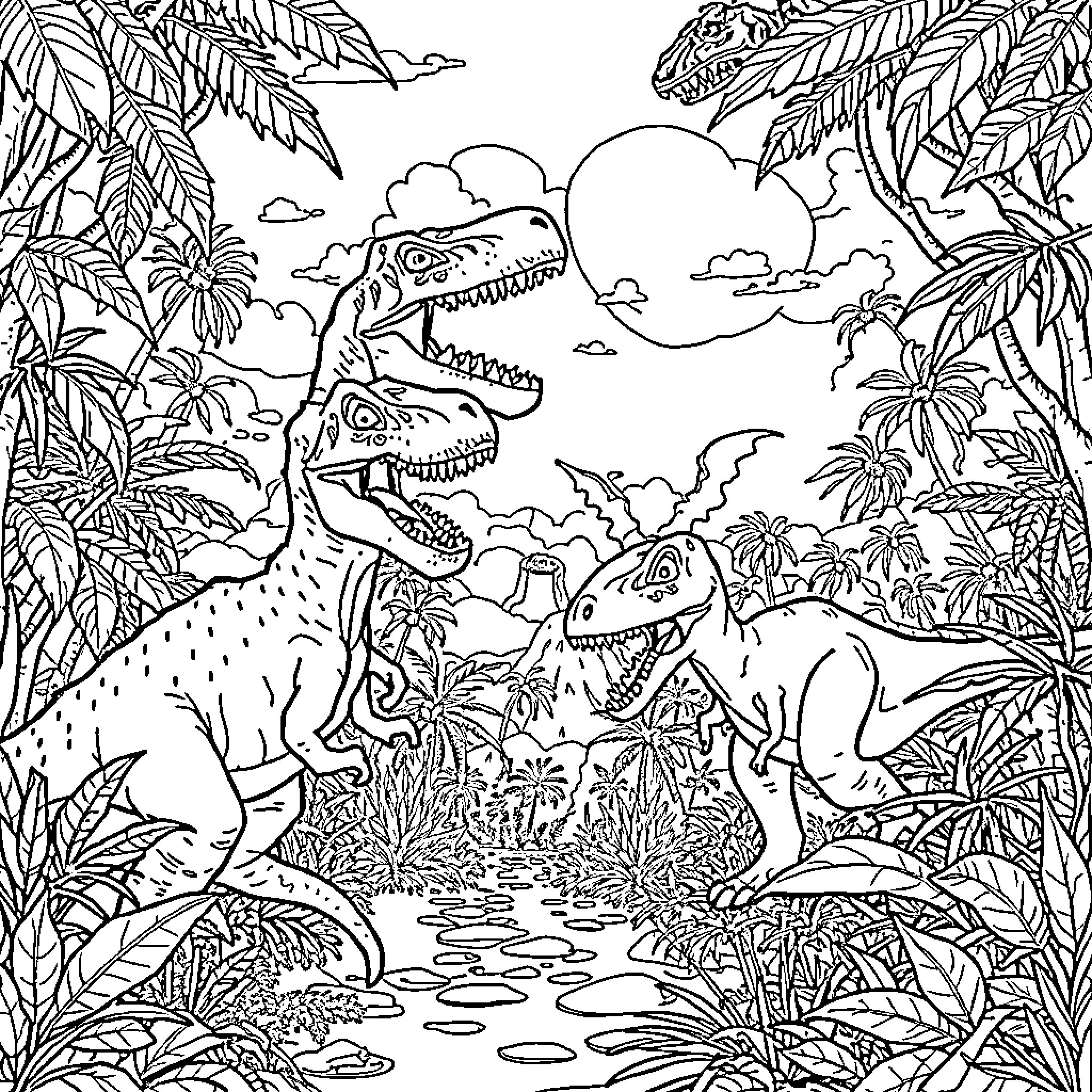 Monsters and Dinosaurs in a Lush Prehistoric Landscape Coloring Page (free black-and-white line drawing printable PDF for all, from beginners to advanced learners, including children, teens, adults, and seniors)
