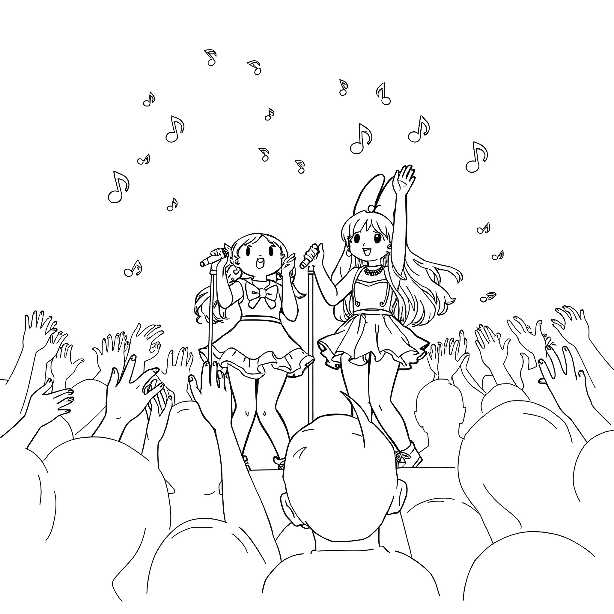 My Melody: Singing Duo Performing on Stage Coloring Page (free black-and-white line drawing printable PDF for all, from beginners to advanced learners, including children, teens, adults, and seniors)