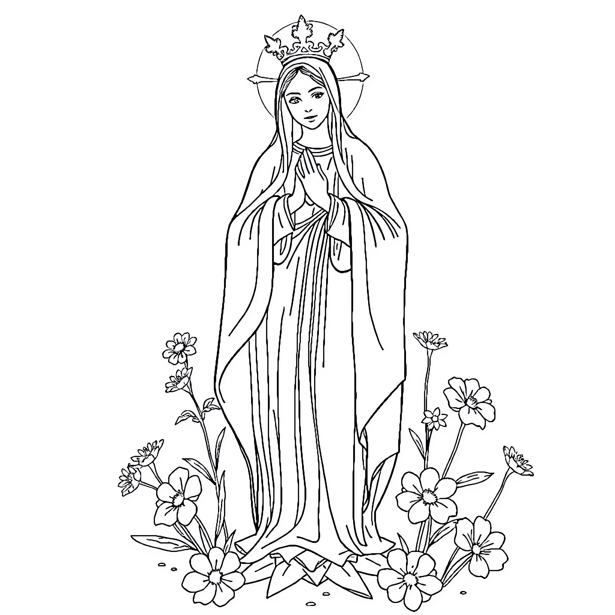 Virgin Mary standing in prayer amid flowers Coloring Page (free black-and-white line drawing printable PDF for all, from beginners to advanced learners, including children, teens, adults, and seniors)