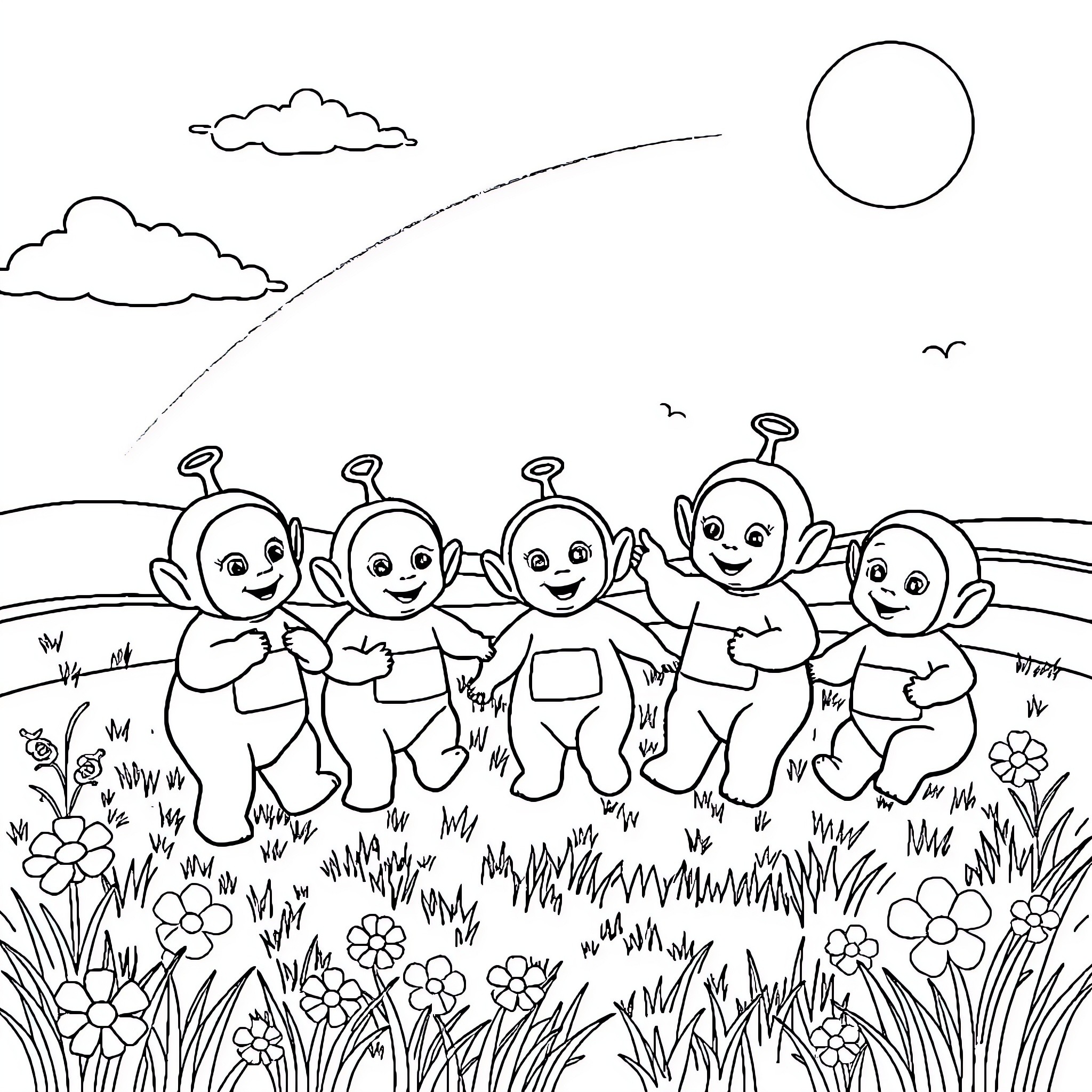 Teletubbies playing joyfully in a meadow Coloring Page (free black-and-white line drawing printable PDF for all, from beginners to advanced learners, including children, teens, adults, and seniors)