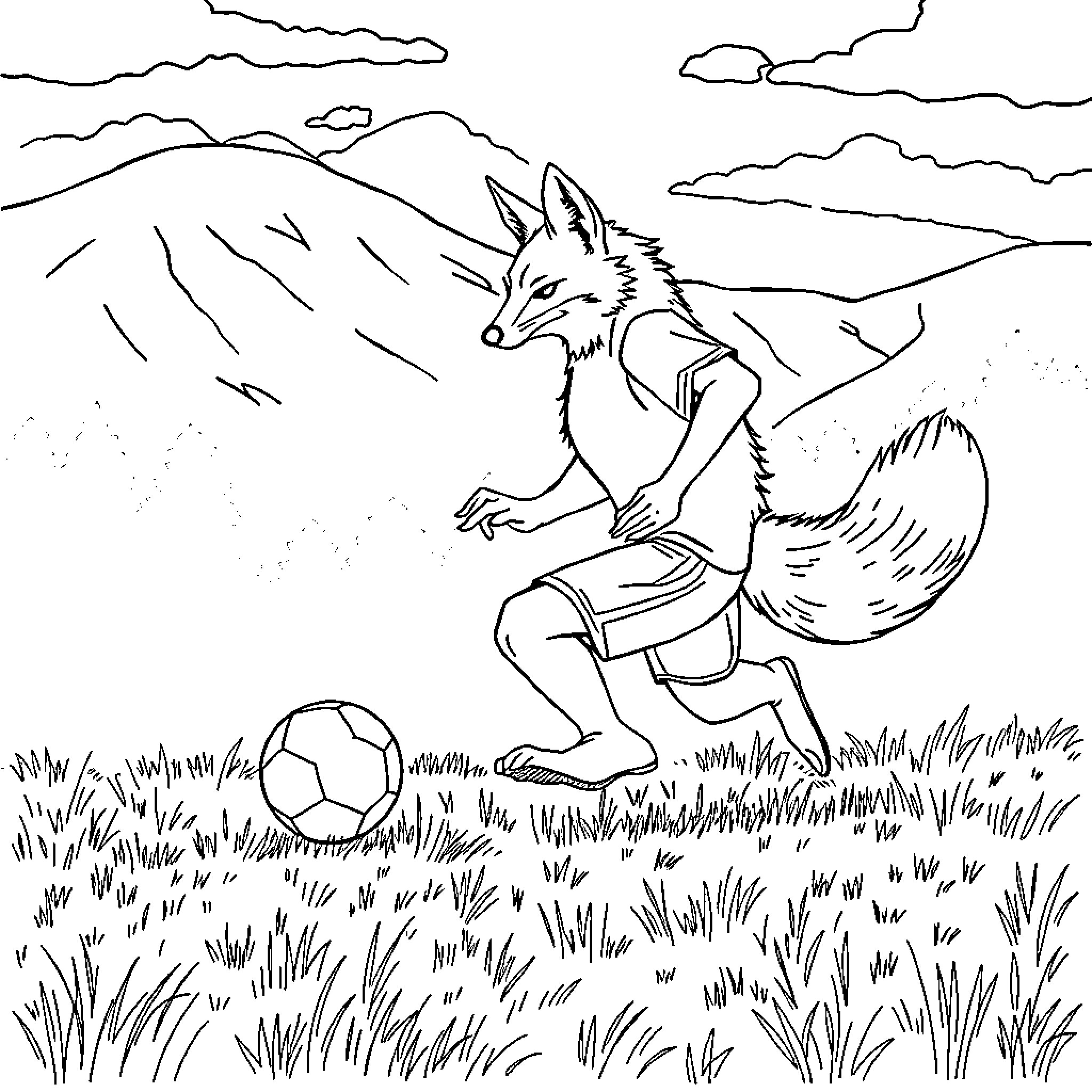 Renard playing soccer on a grassy field Coloring Page (free black-and-white line drawing printable PDF for all, from beginners to advanced learners, including children, teens, adults, and seniors)