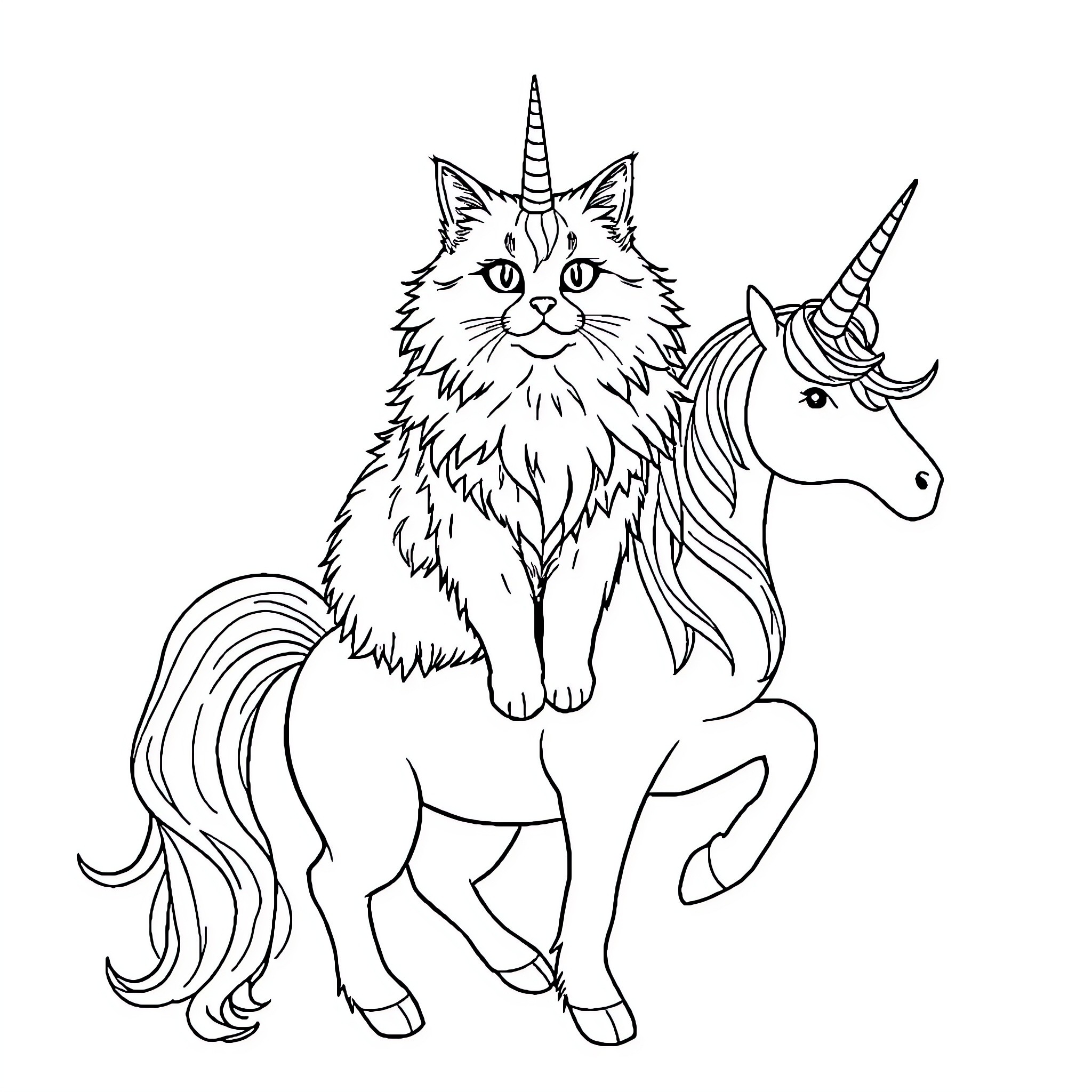 Siberian Cat sitting on a Unicorn Coloring Page (free black-and-white line drawing printable PDF for all, from beginners to advanced learners, including children, teens, adults, and seniors)