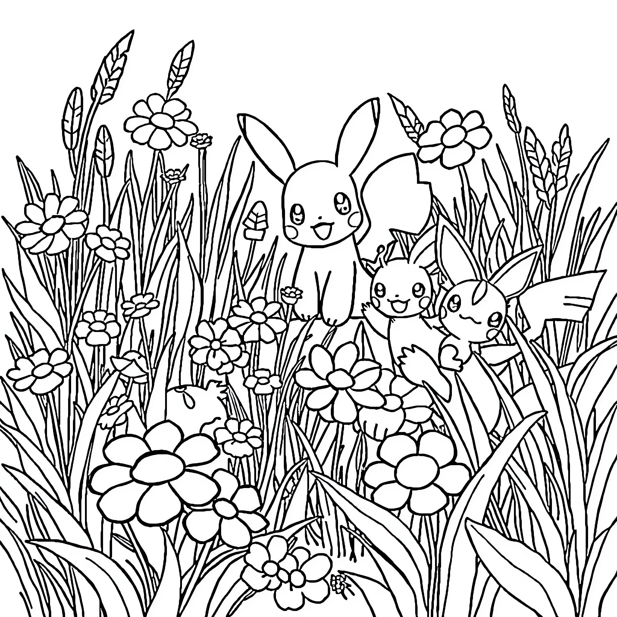 Pokémon Bunnies and Flowers in the Garden Coloring Page (free black-and-white line drawing printable PDF for all, from beginners to advanced learners, including children, teens, adults, and seniors)