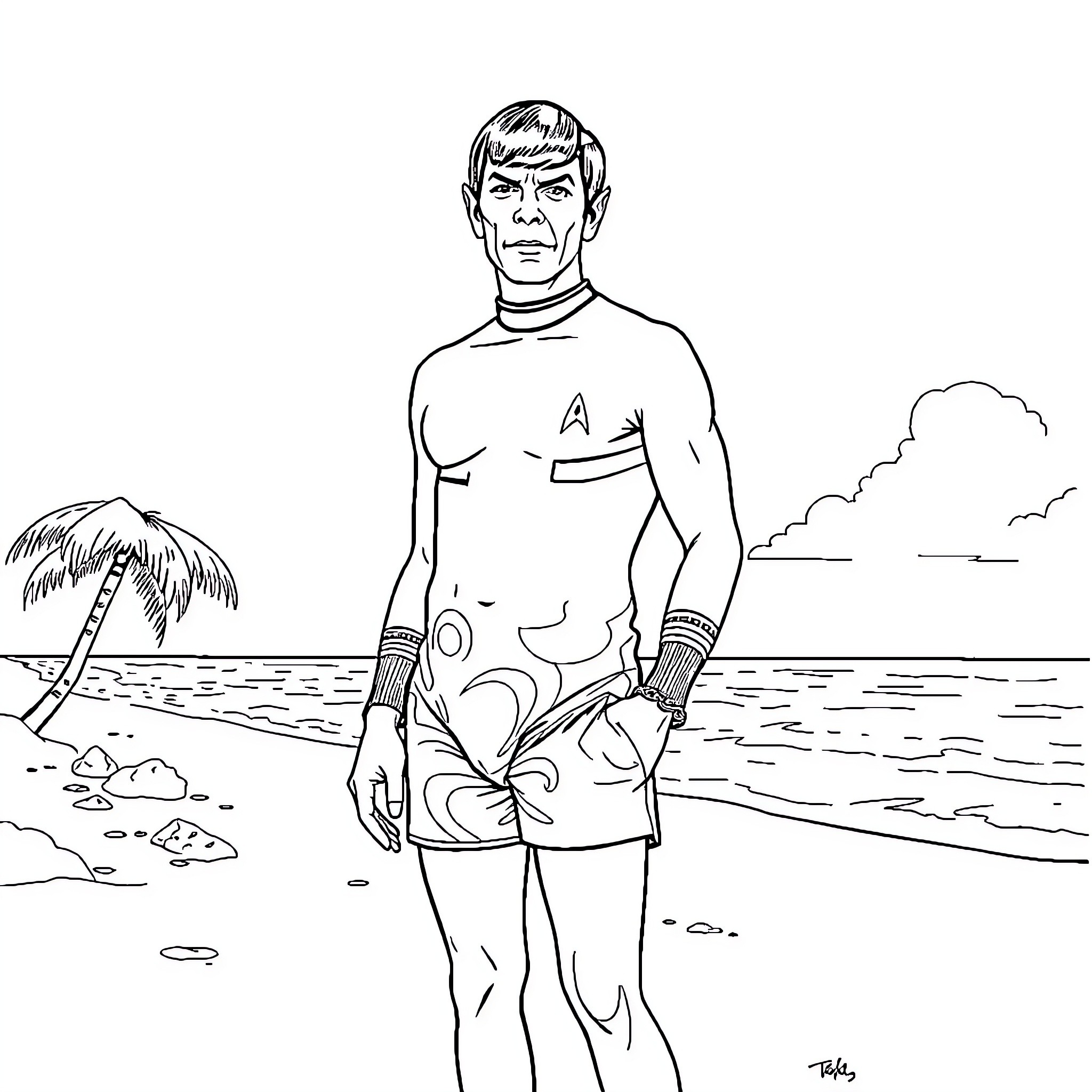 Spock standing on beach with palm tree Coloring Page (free black-and-white line drawing printable PDF for all, from beginners to advanced learners, including children, teens, adults, and seniors)