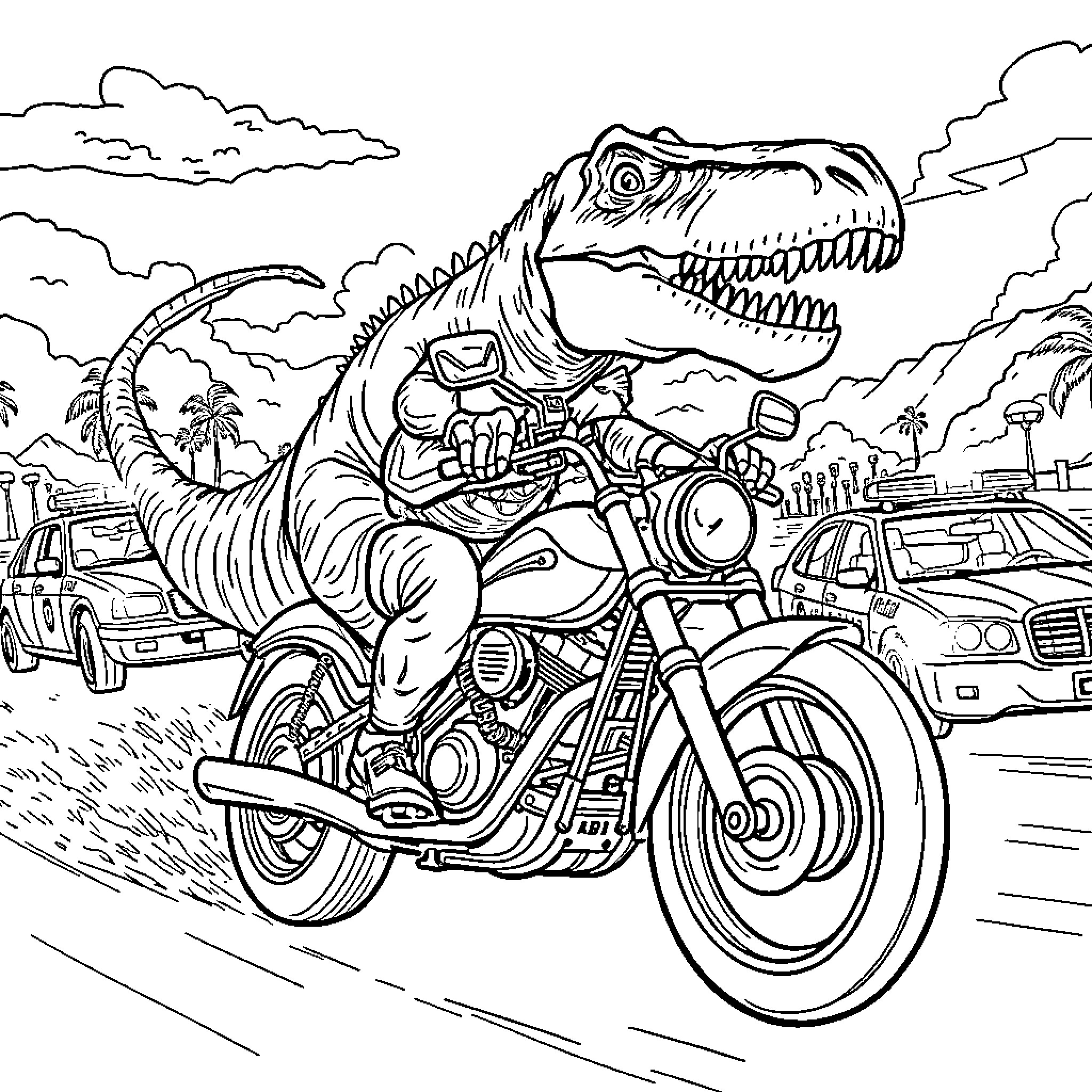 Dinosaur riding a motorcycle through a urban landscape Coloring Page (free black-and-white line drawing printable PDF for all, from beginners to advanced learners, including children, teens, adults, and seniors)