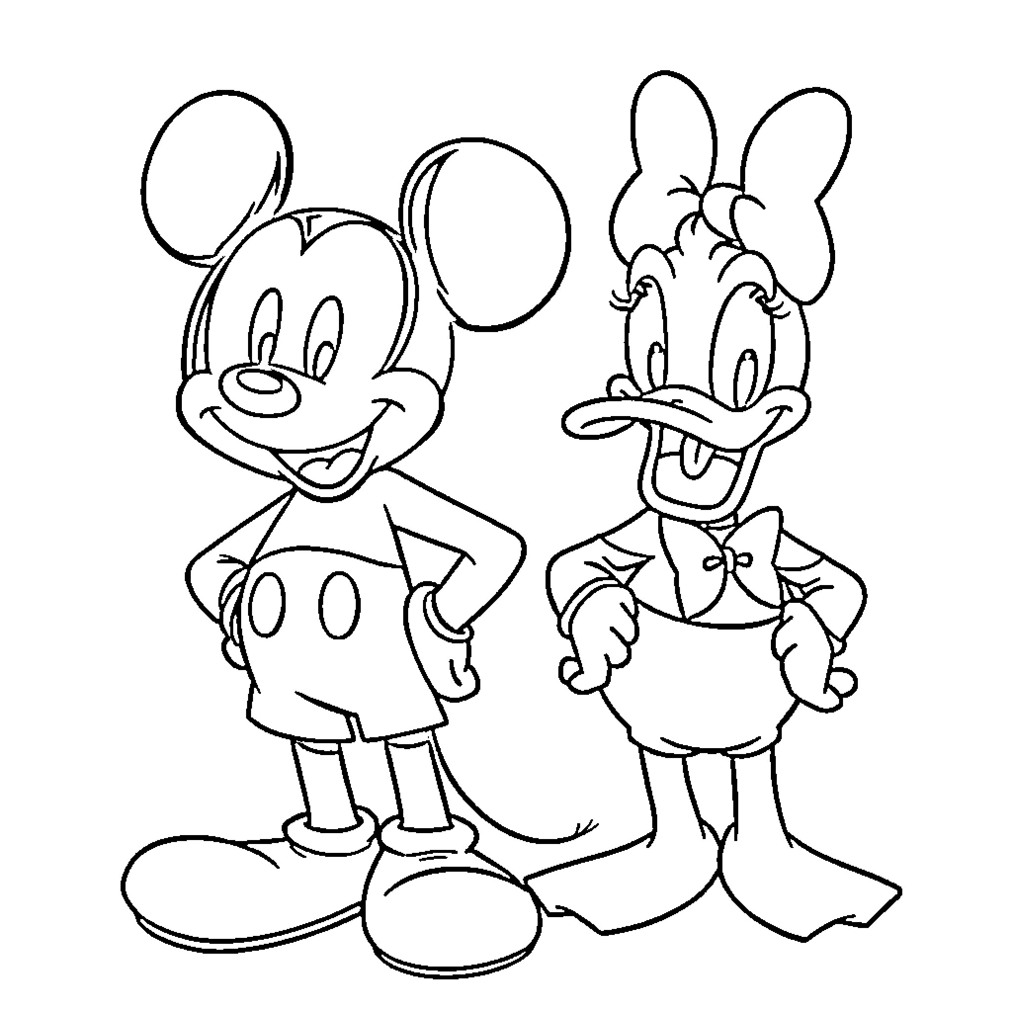 Mickey Mouse and Minnie Mouse in playful poses Coloring Page (free black-and-white line drawing printable PDF for all, from beginners to advanced learners, including children, teens, adults, and seniors)