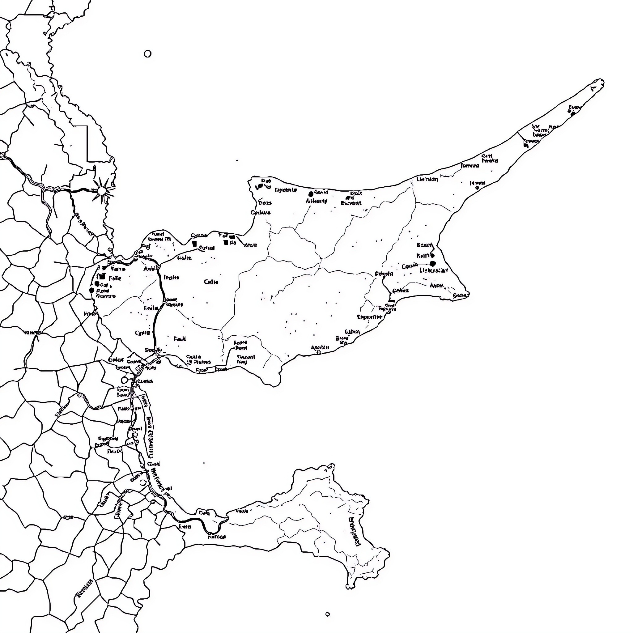 Map of geographical locations and landmarks Coloring Page (free black-and-white line drawing printable PDF for all, from beginners to advanced learners, including children, teens, adults, and seniors)