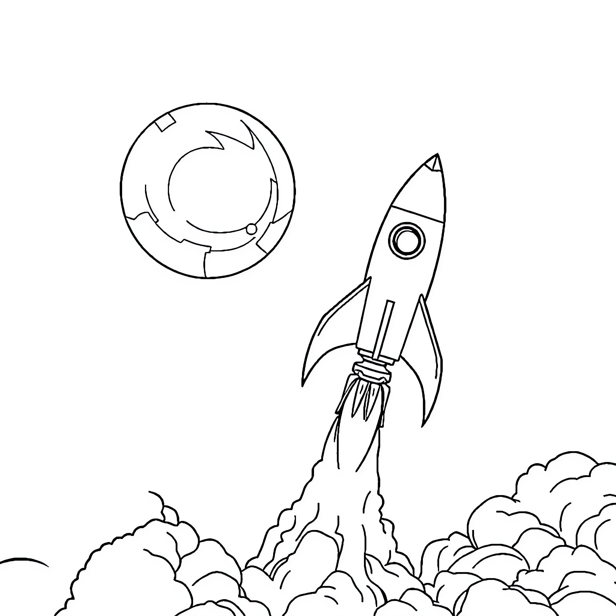 Rocket blasting off with smoke plume Coloring Page (free black-and-white line drawing printable PDF for all, from beginners to advanced learners, including children, teens, adults, and seniors)