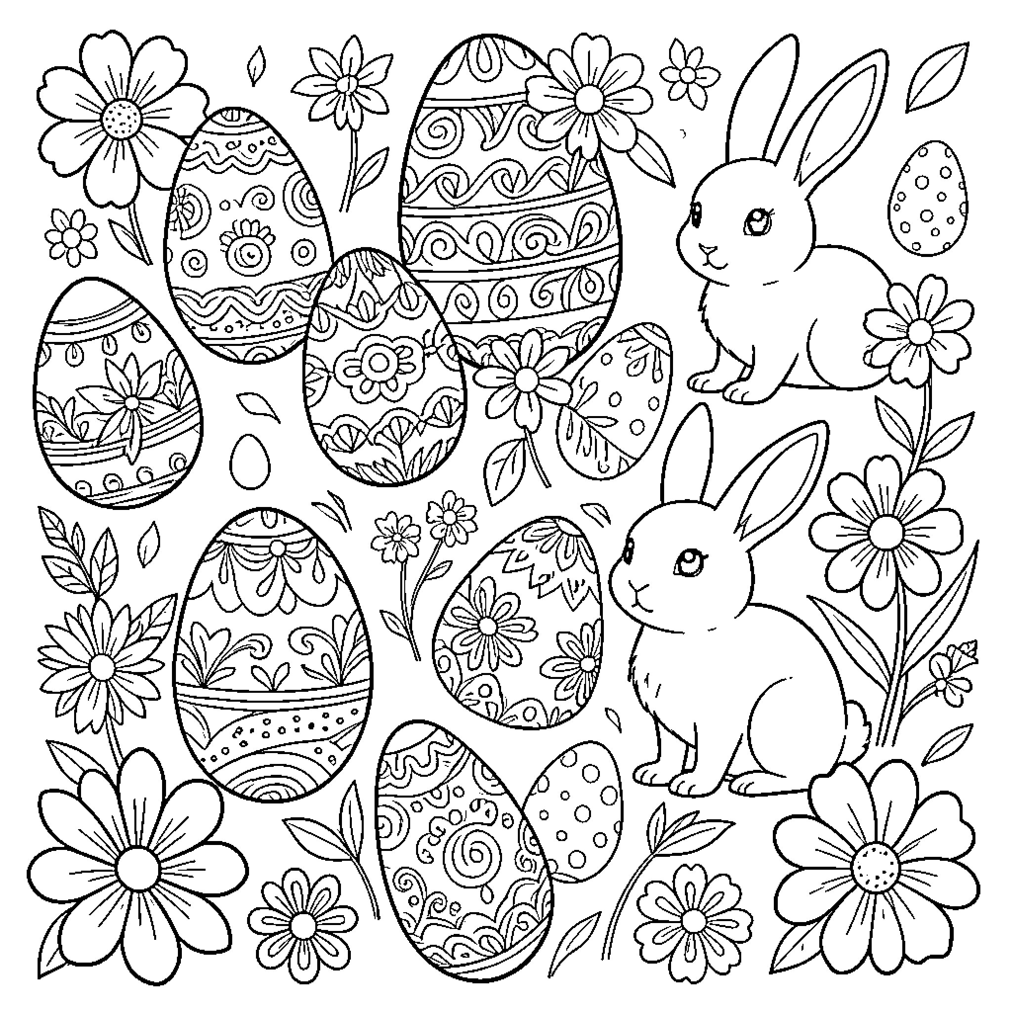 Easter Bunnies and Decorated Eggs in Floral Scene Coloring Page (free black-and-white line drawing printable PDF for all, from beginners to advanced learners, including children, teens, adults, and seniors)