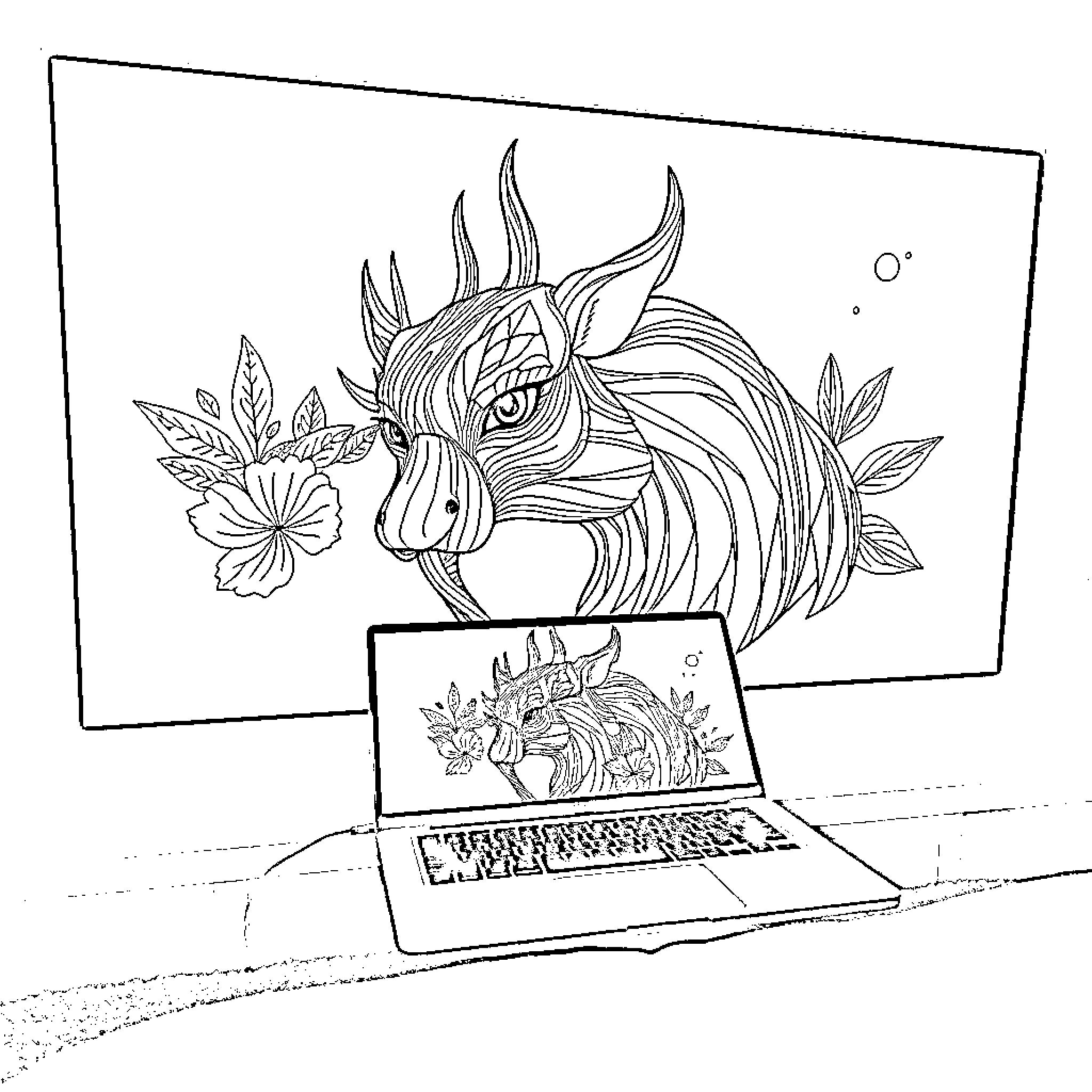 HP Chromebook displaying fantasy creature artwork Coloring Page (free black-and-white line drawing printable PDF for all, from beginners to advanced learners, including children, teens, adults, and seniors)