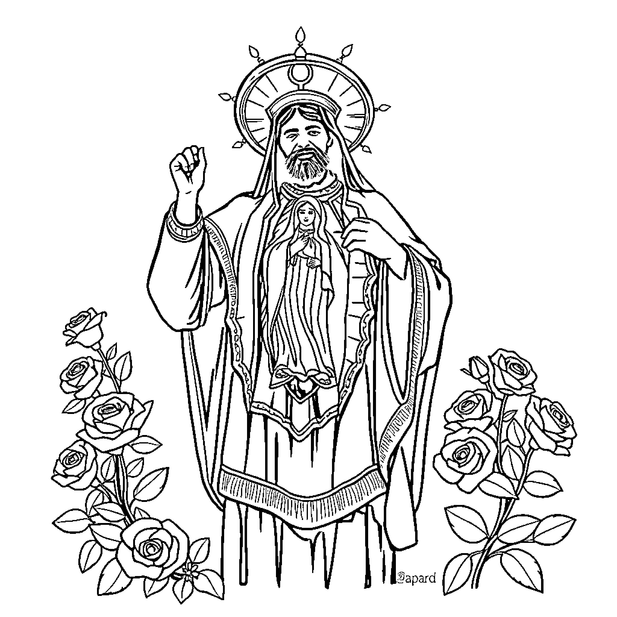 Juan Diego's Devotion: A Spiritual Encounter Coloring Page (free black-and-white line drawing printable PDF for all, from beginners to advanced learners, including children, teens, adults, and seniors)