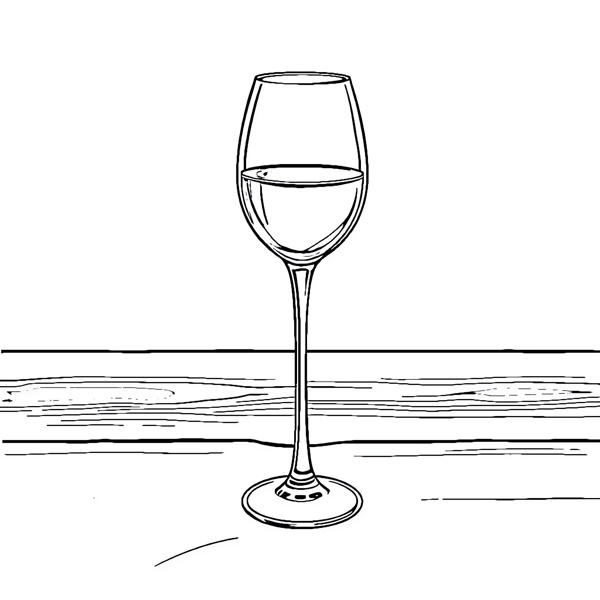 Wine Glass on Tranquil Water Coloring Page (free black-and-white line drawing printable PDF for all, from beginners to advanced learners, including children, teens, adults, and seniors)