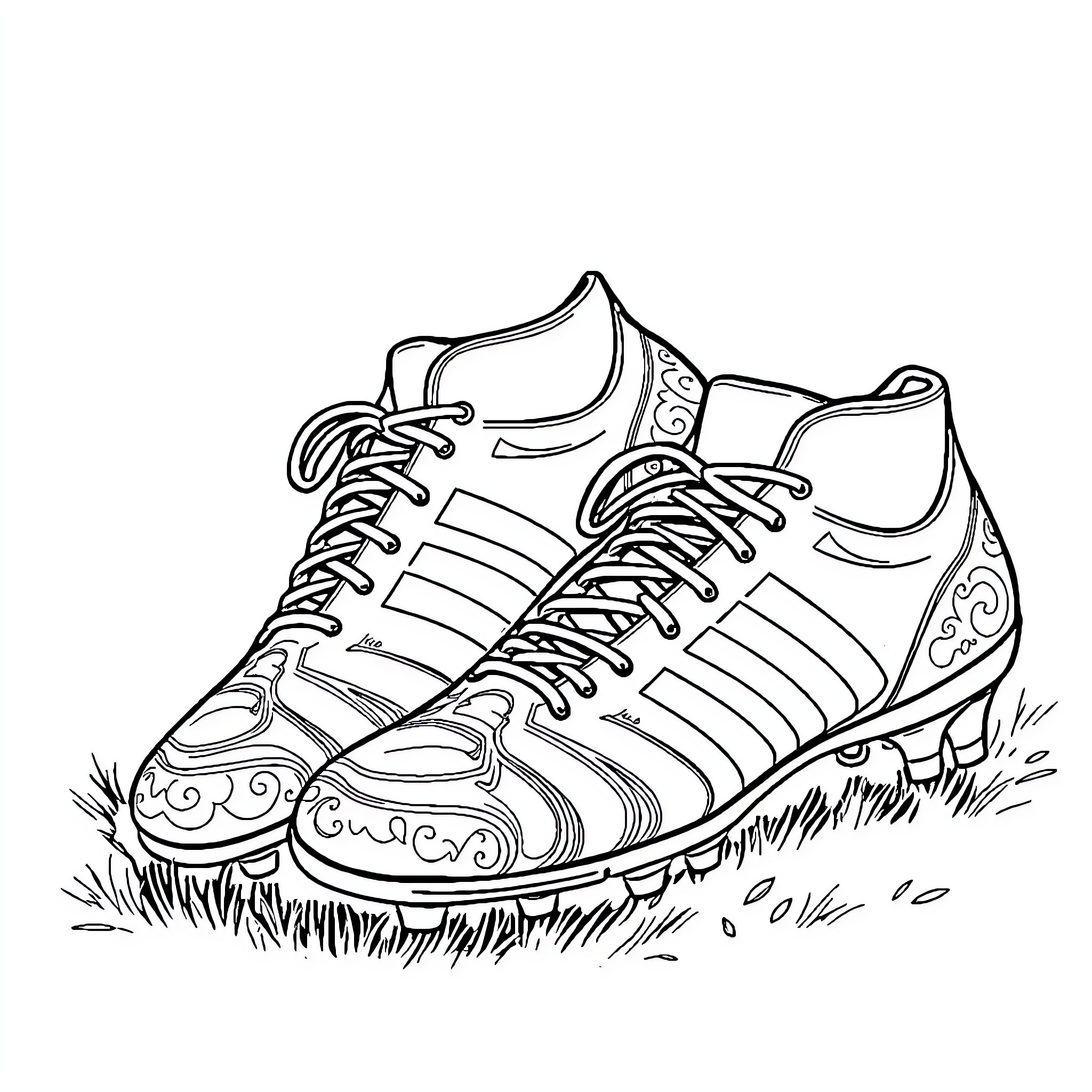Football Boots on Grassy Field Coloring Page (free black-and-white line drawing printable PDF for all, from beginners to advanced learners, including children, teens, adults, and seniors)