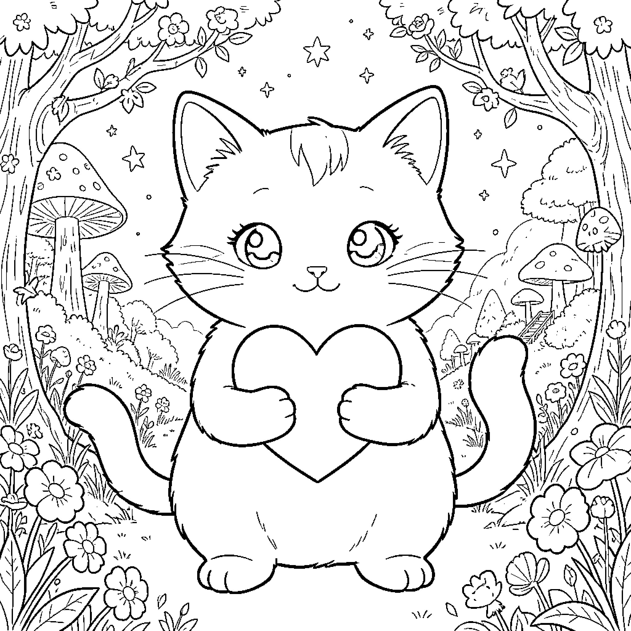 Gato in a Whimsical Forest Dreamscape Coloring Page (free black-and-white line drawing printable PDF for all, from beginners to advanced learners, including children, teens, adults, and seniors)