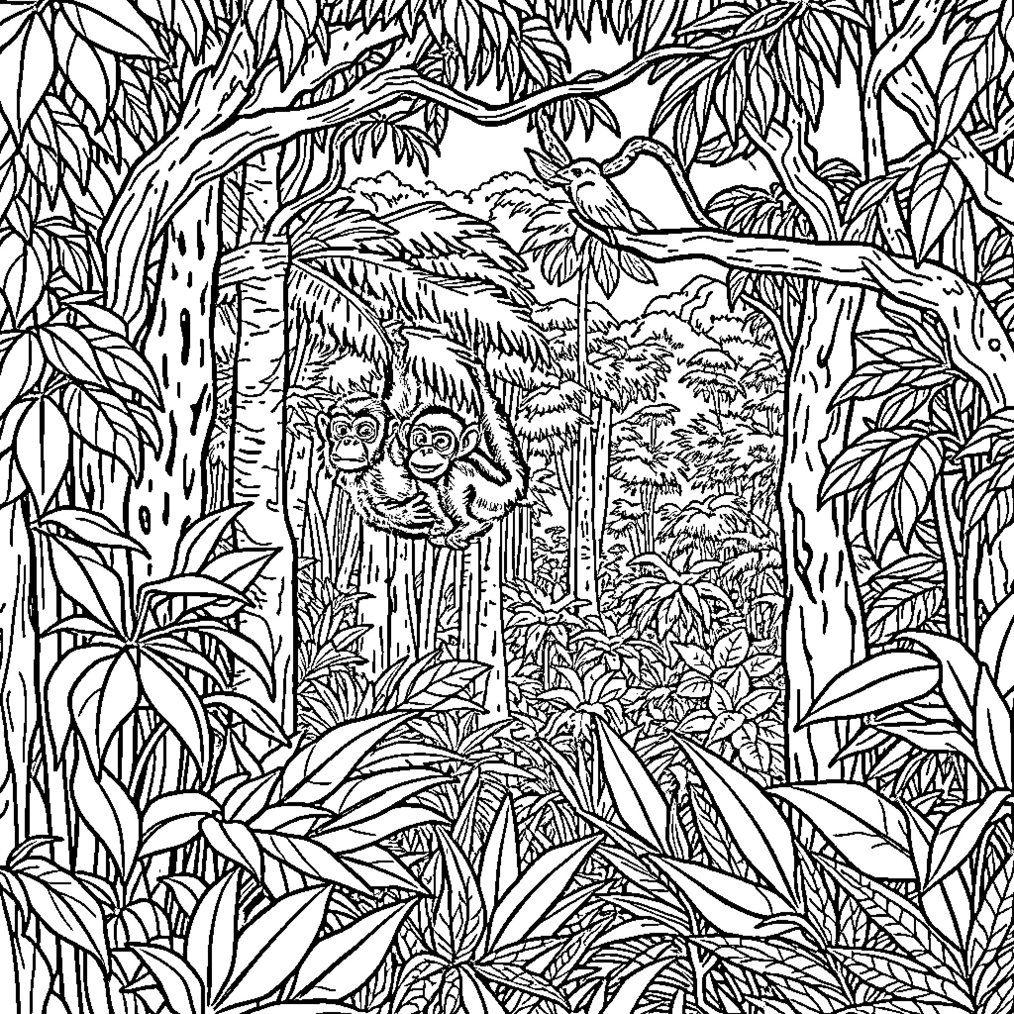 Chimpanzees playing in the tropical forest Coloring Page (free black-and-white line drawing printable PDF for all, from beginners to advanced learners, including children, teens, adults, and seniors)