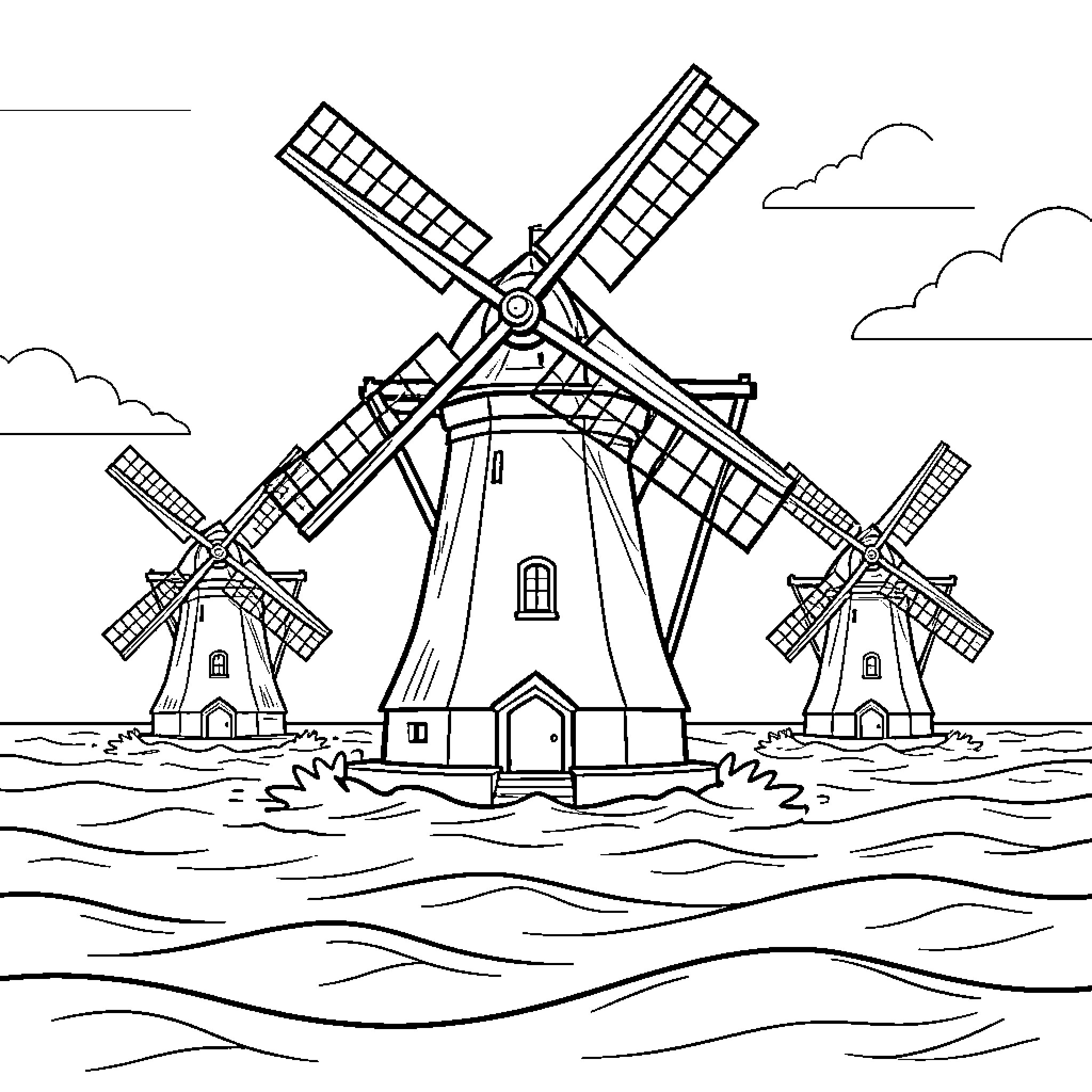 Windmill structures standing amidst rolling ocean waves Coloring Page (free black-and-white line drawing printable PDF for all, from beginners to advanced learners, including children, teens, adults, and seniors)