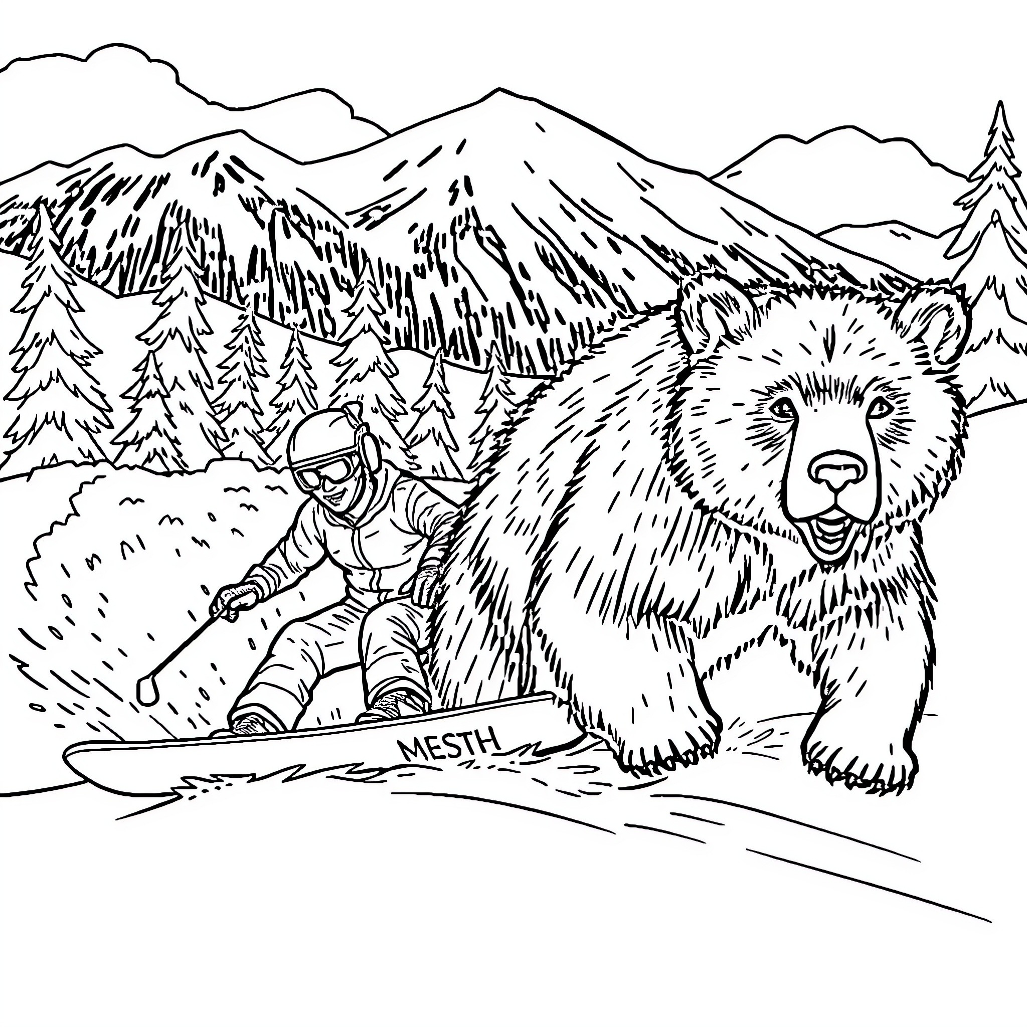 Bear snowboarding down the snowy mountain Coloring Page (free black-and-white line drawing printable PDF for all, from beginners to advanced learners, including children, teens, adults, and seniors)