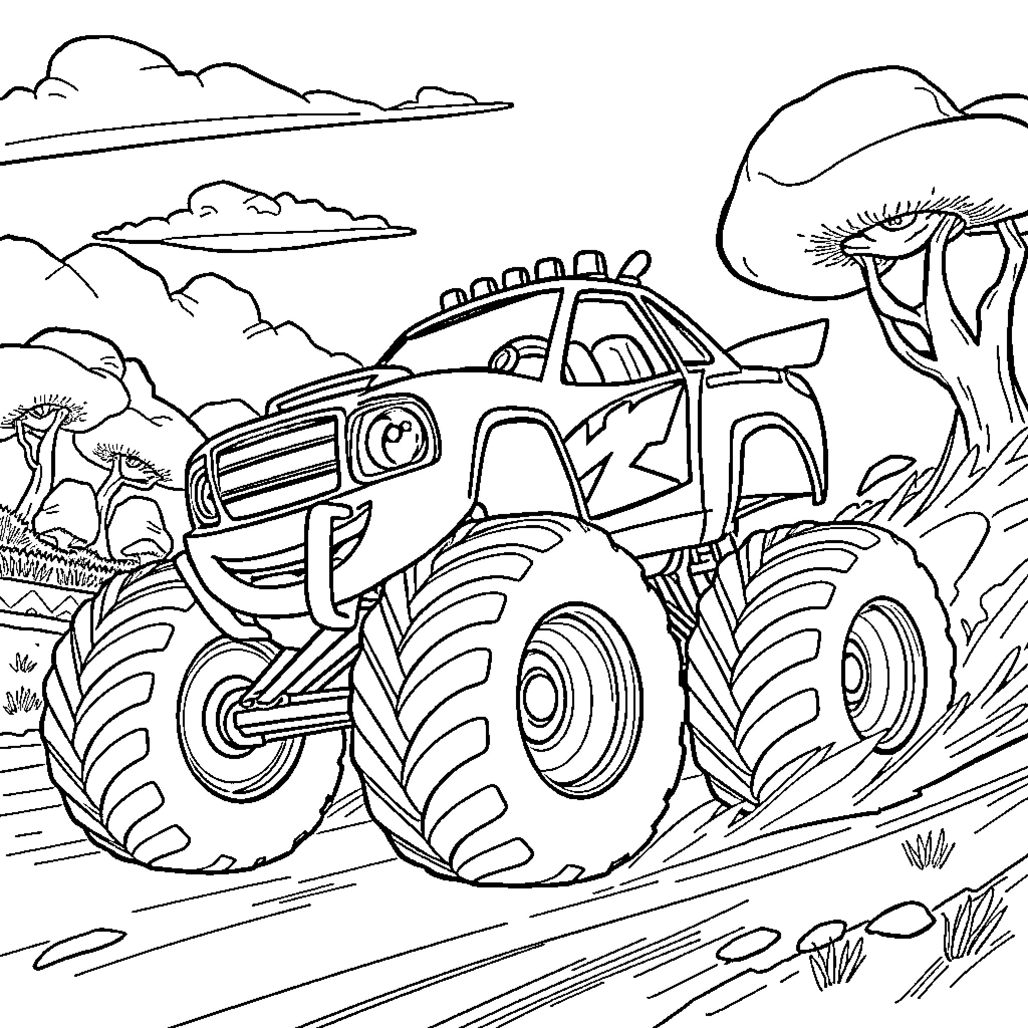 Blaze Monster Truck Races Through Nature Coloring Page (free black-and-white line drawing printable PDF for all, from beginners to advanced learners, including children, teens, adults, and seniors)