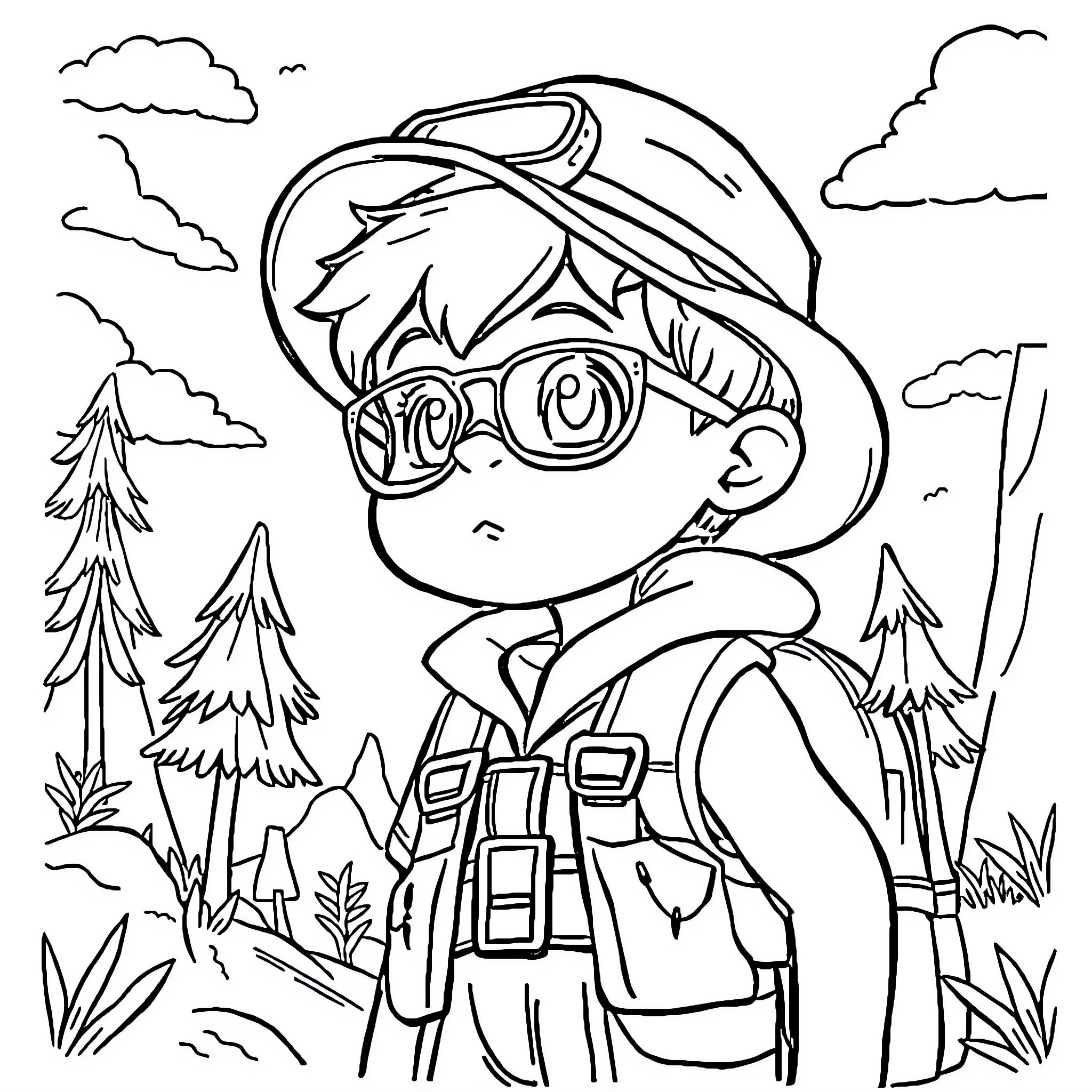 Boy exploring the outdoors in nature Coloring Page (free black-and-white line drawing printable PDF for all, from beginners to advanced learners, including children, teens, adults, and seniors)