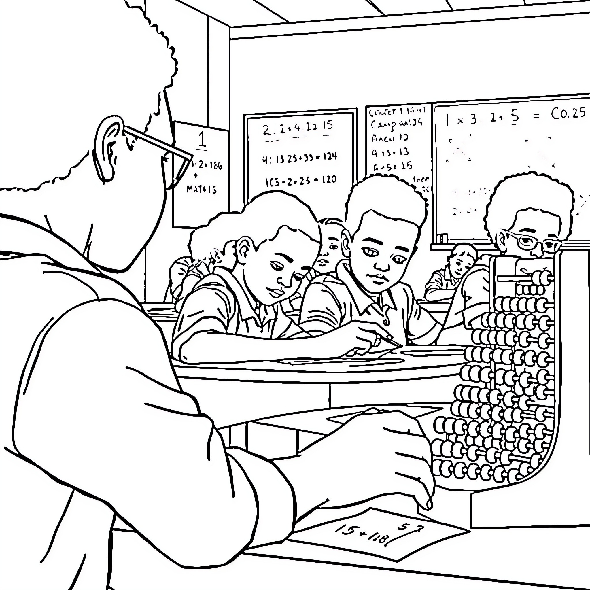Students working diligently in classroom setting Coloring Page (free black-and-white line drawing printable PDF for all, from beginners to advanced learners, including children, teens, adults, and seniors)