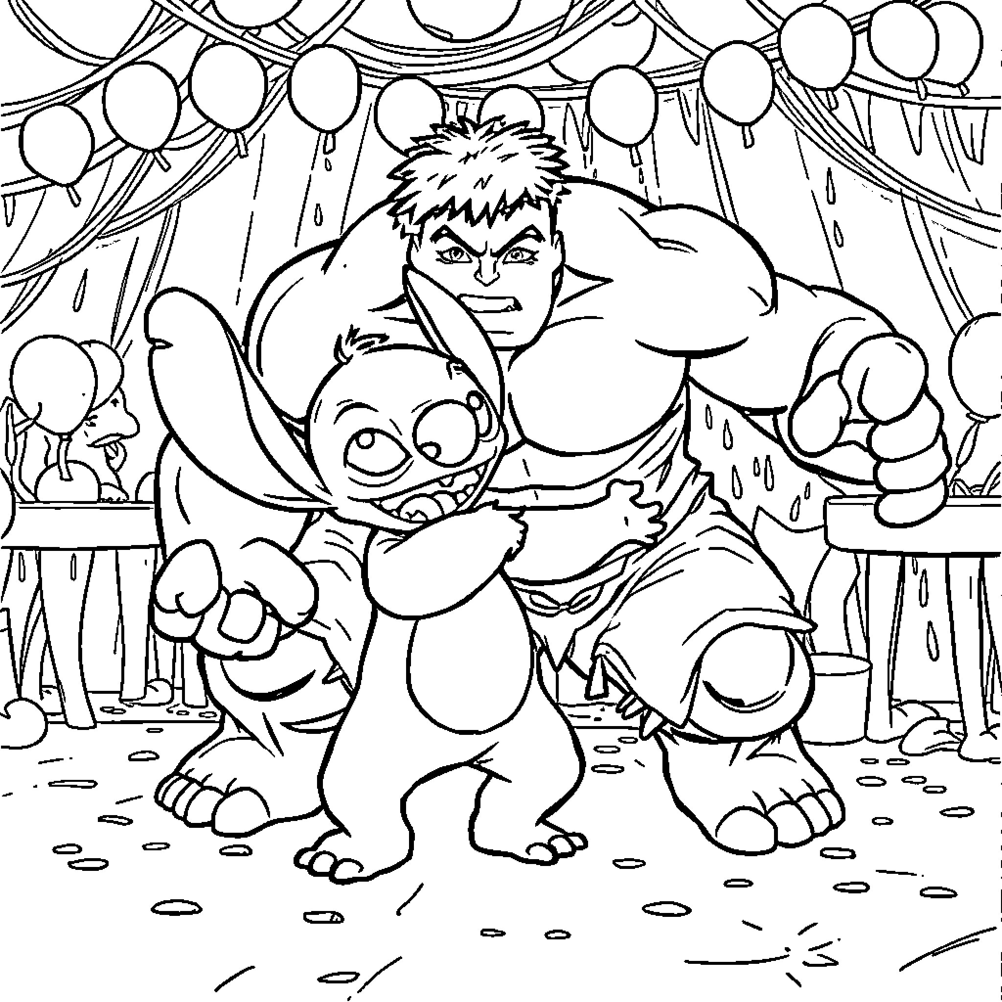 Stitch and Hulk-like figure in cheerful celebration scene Coloring Page (free black-and-white line drawing printable PDF for all, from beginners to advanced learners, including children, teens, adults, and seniors)