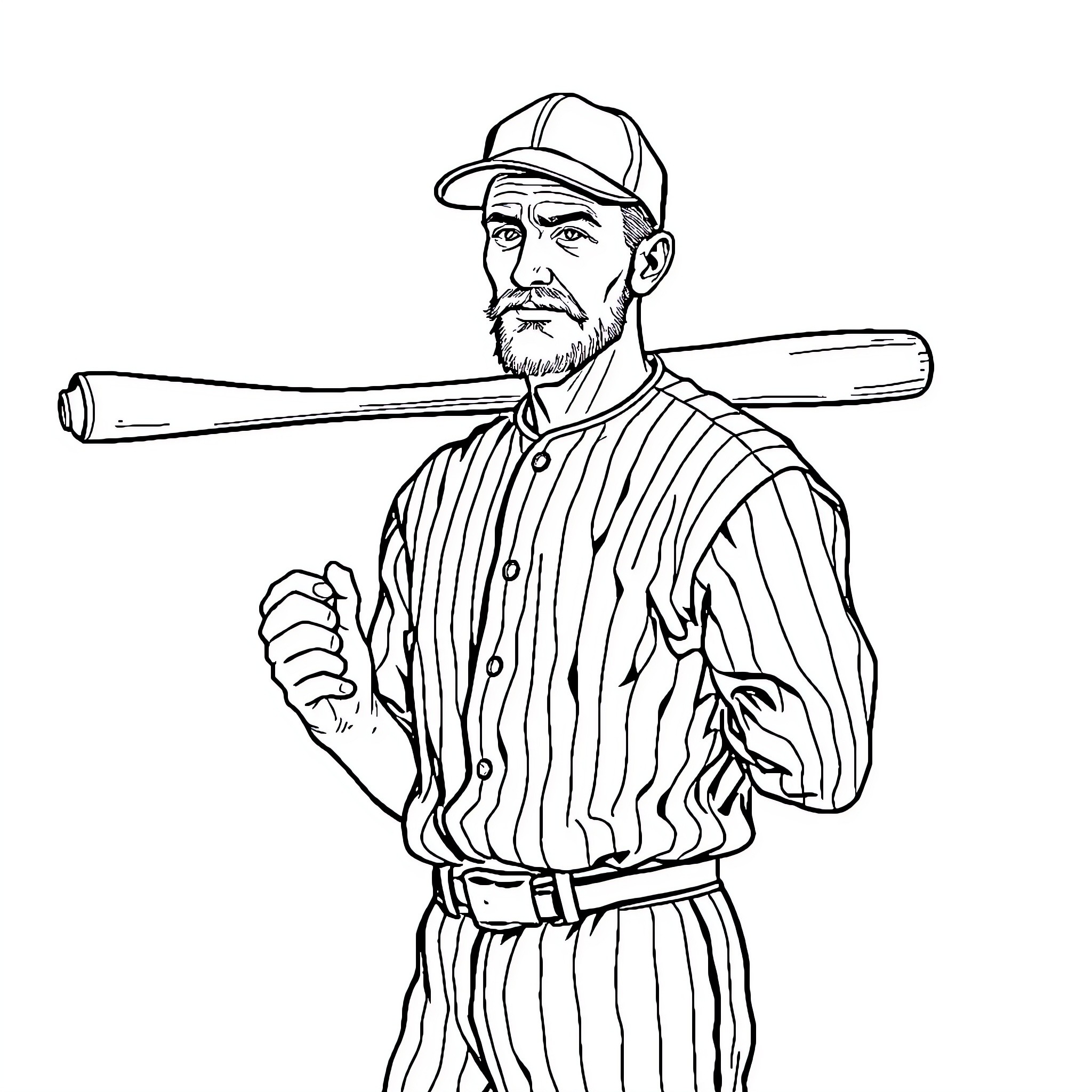 Baseball Player Holding Baseball Bat with Determination Coloring Page (free black-and-white line drawing printable PDF for all, from beginners to advanced learners, including children, teens, adults, and seniors)