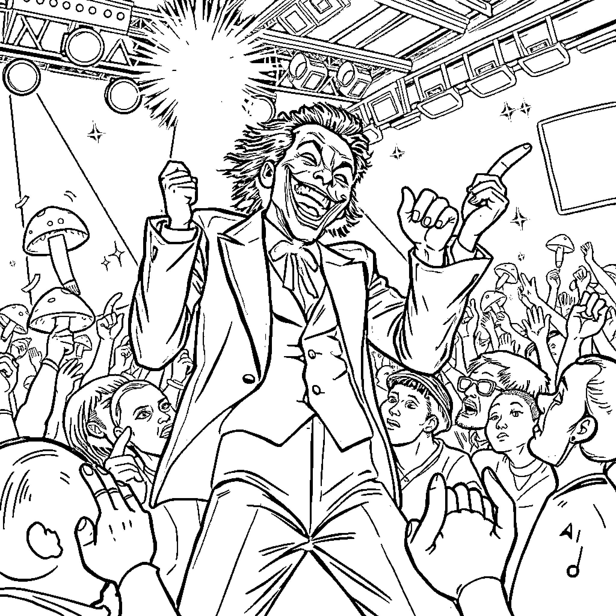 Joker entertaining the crowd with his antics Coloring Page (free black-and-white line drawing printable PDF for all, from beginners to advanced learners, including children, teens, adults, and seniors)
