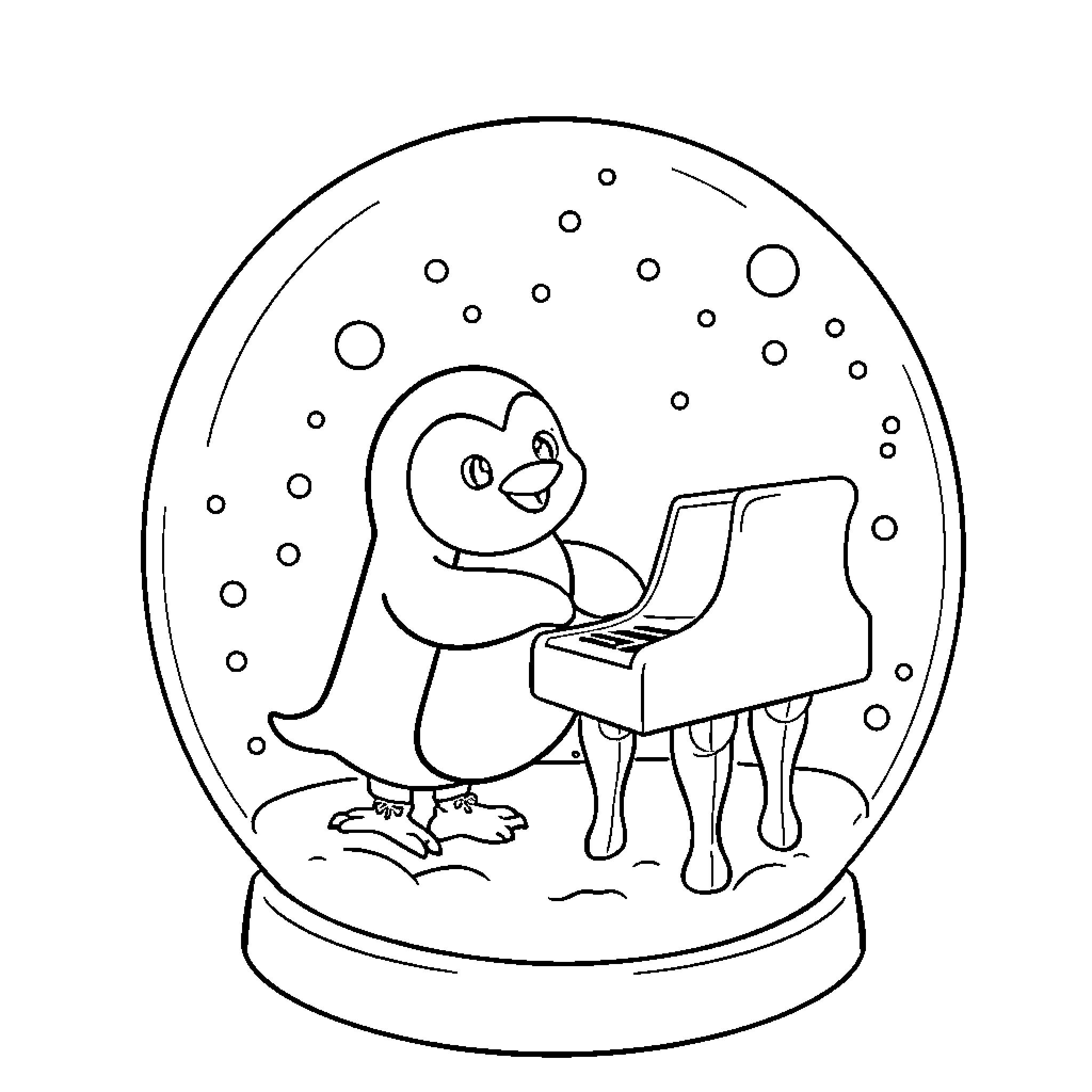 Penguin playing piano in snow globe Coloring Page (free black-and-white line drawing printable PDF for all, from beginners to advanced learners, including children, teens, adults, and seniors)