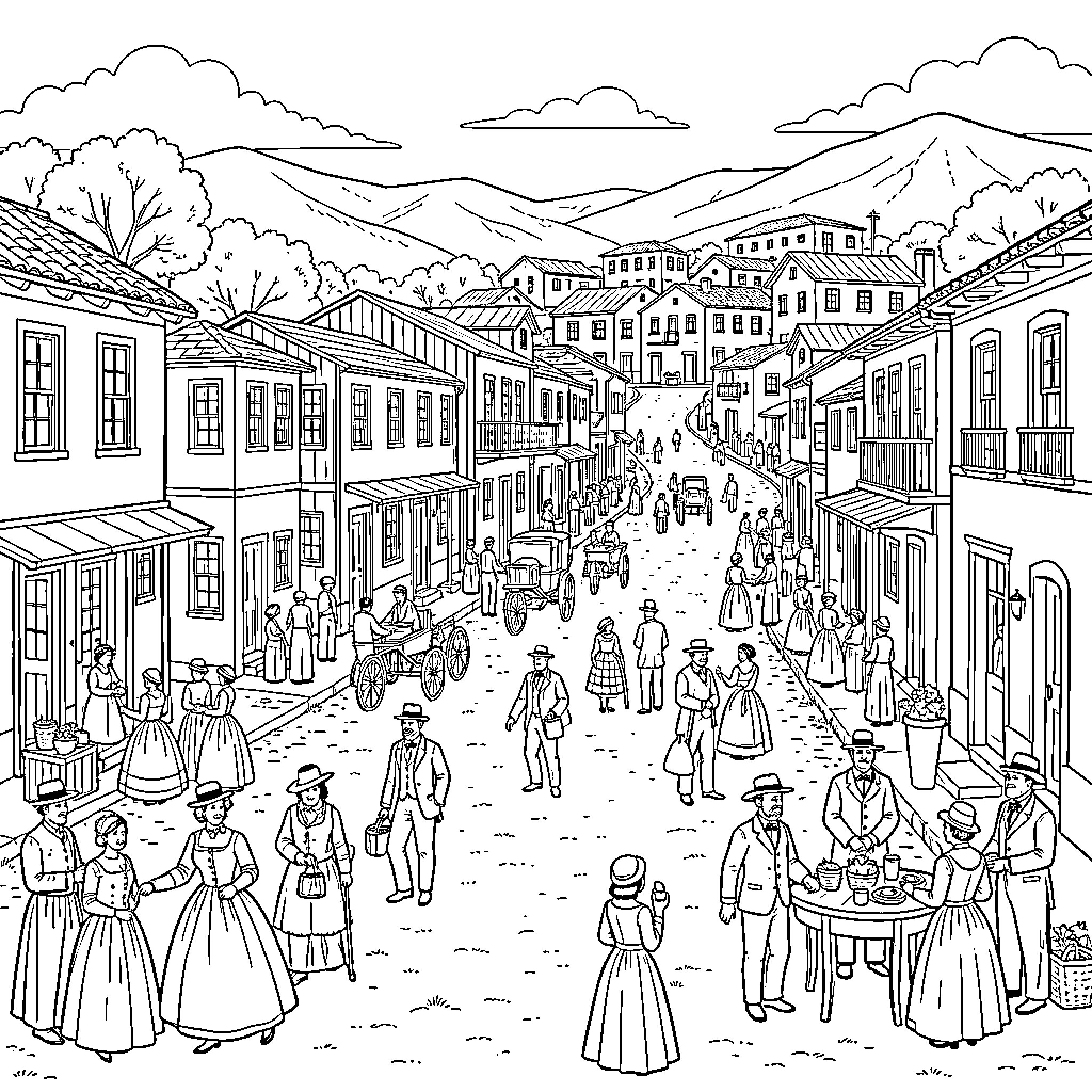 Chile: Bustling Town in the Andes with Traditional Attire Coloring Page (free black-and-white line drawing printable PDF for all, from beginners to advanced learners, including children, teens, adults, and seniors)