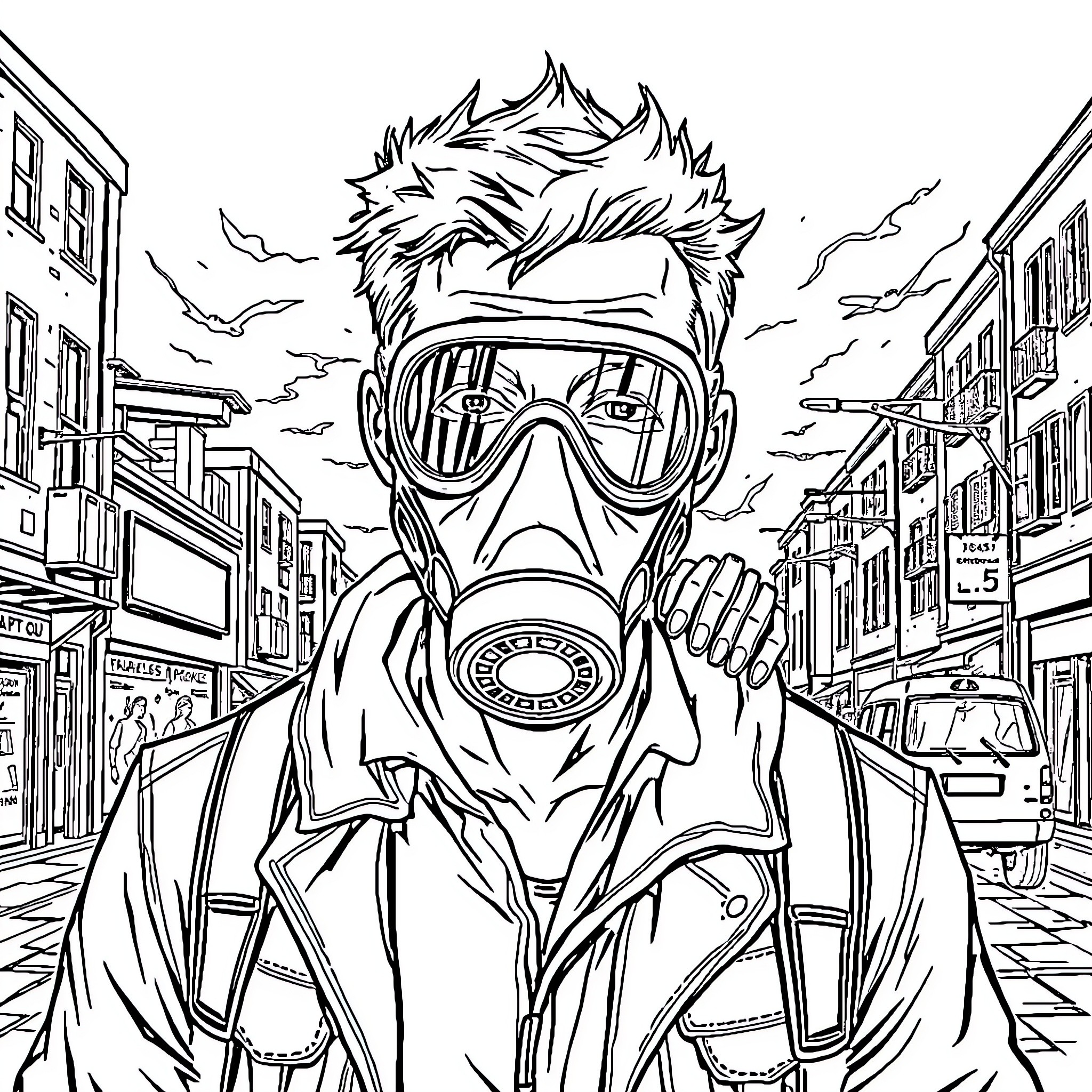 Man wearing protective gear in city street Coloring Page (free black-and-white line drawing printable PDF for all, from beginners to advanced learners, including children, teens, adults, and seniors)