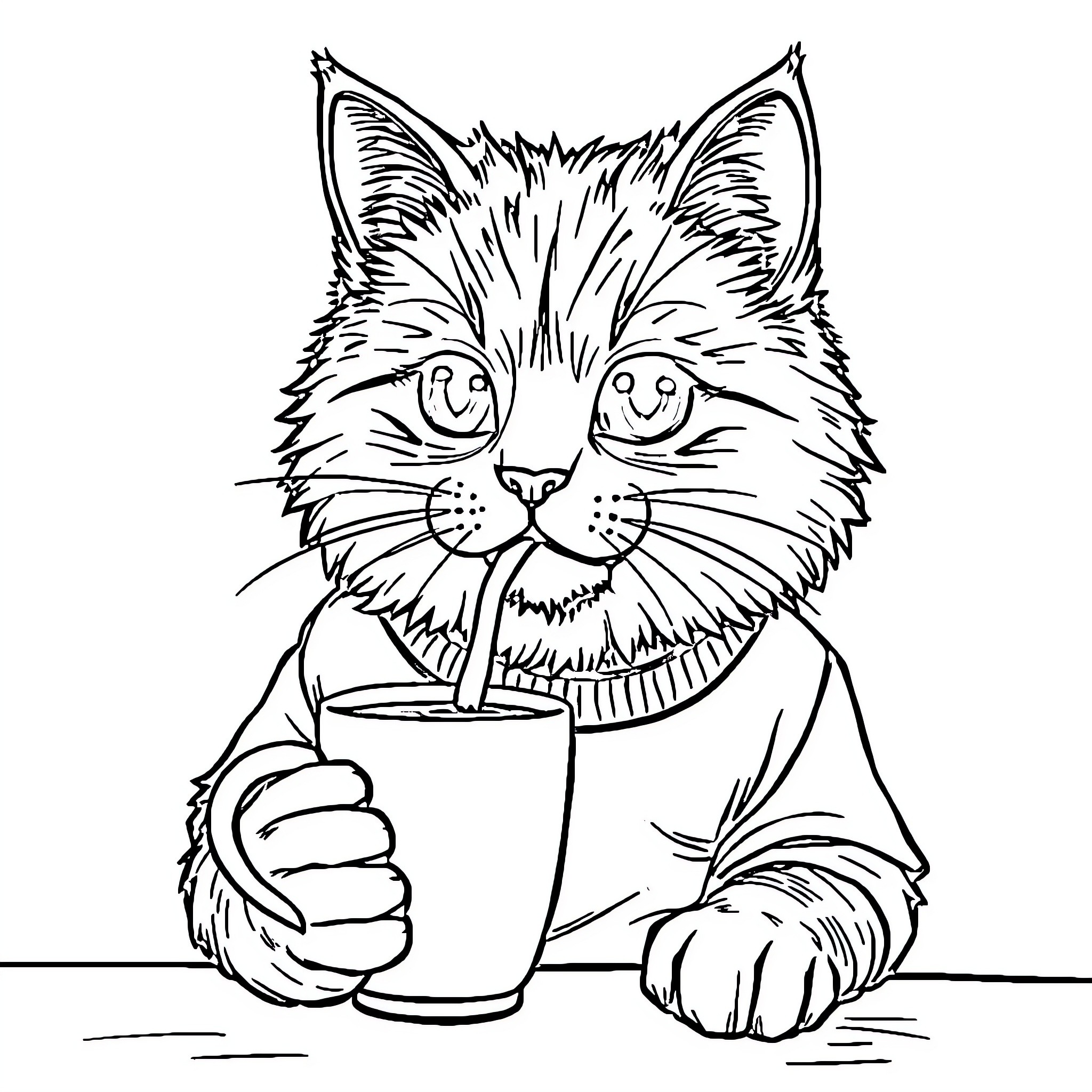 Cat enjoying hot beverage in cozy outfit Coloring Page (free black-and-white line drawing printable PDF for all, from beginners to advanced learners, including children, teens, adults, and seniors)