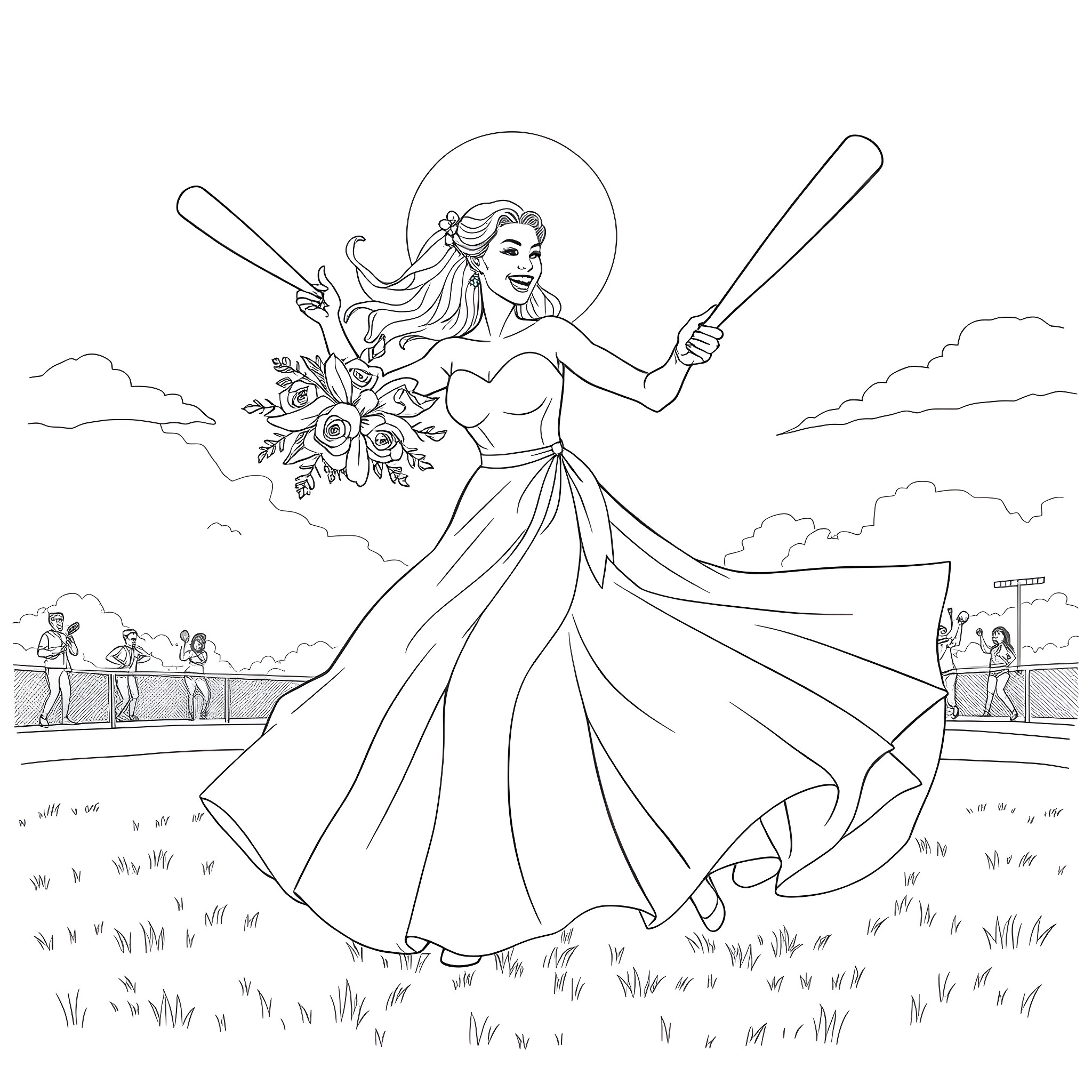 Bride Twirling with Flower Bouquet in Scenic Outdoor Setting Coloring Page (free black-and-white line drawing printable PDF for all, from beginners to advanced learners, including children, teens, adults, and seniors)