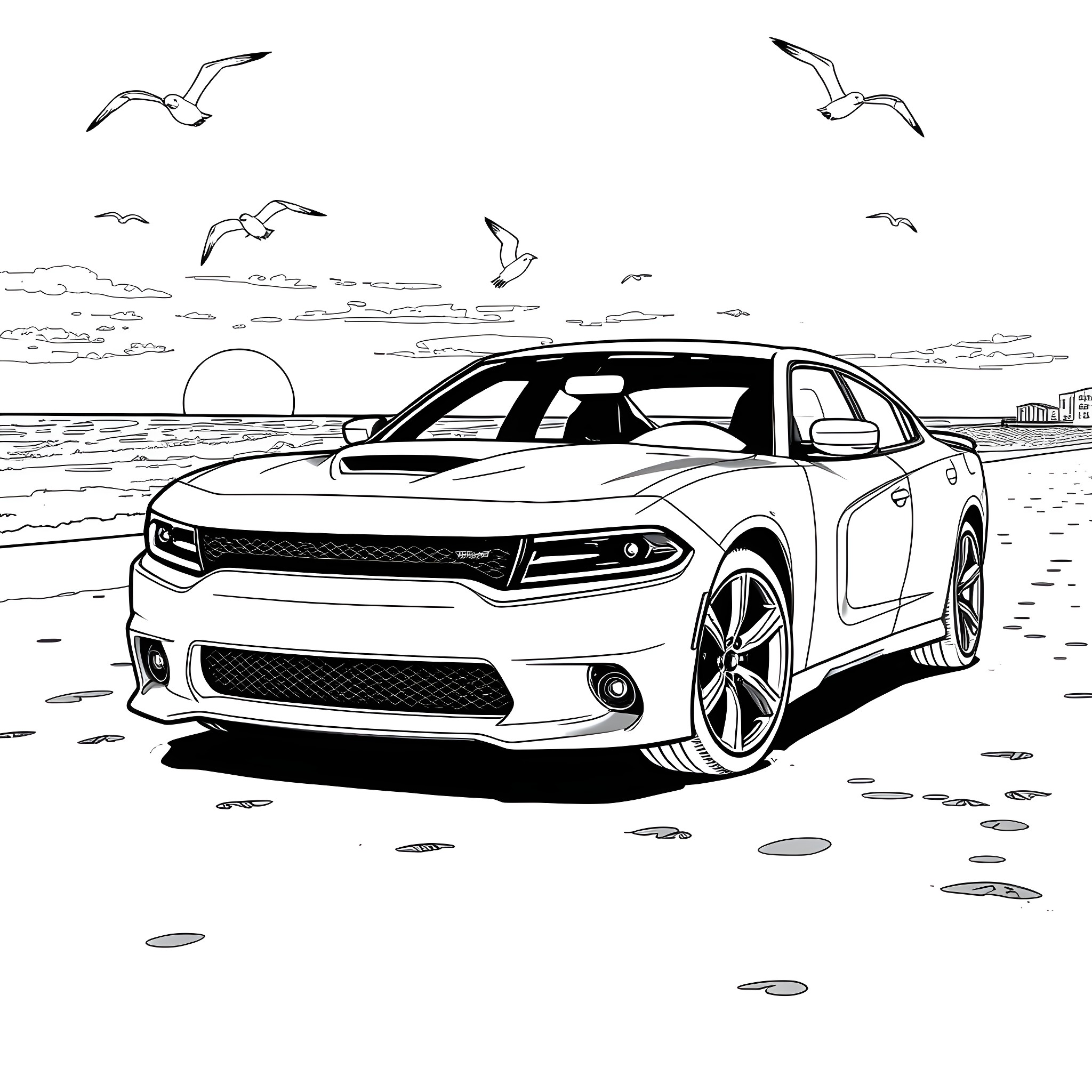 Dodge Charger on the beach with flying seagulls Coloring Page (free black-and-white line drawing printable PDF for all, from beginners to advanced learners, including children, teens, adults, and seniors)