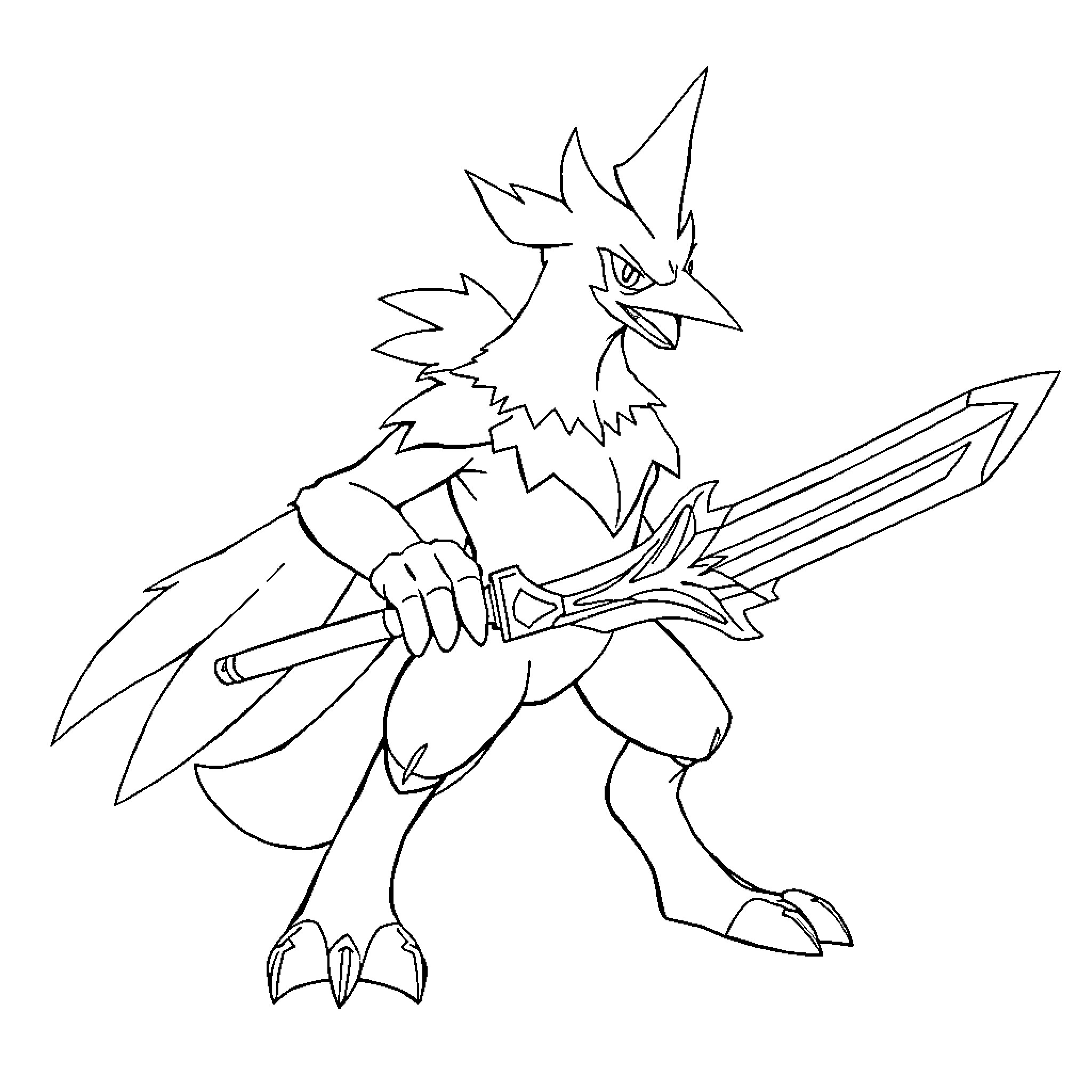 Blaziken wielding an imposing weapon Coloring Page (free black-and-white line drawing printable PDF for all, from beginners to advanced learners, including children, teens, adults, and seniors)