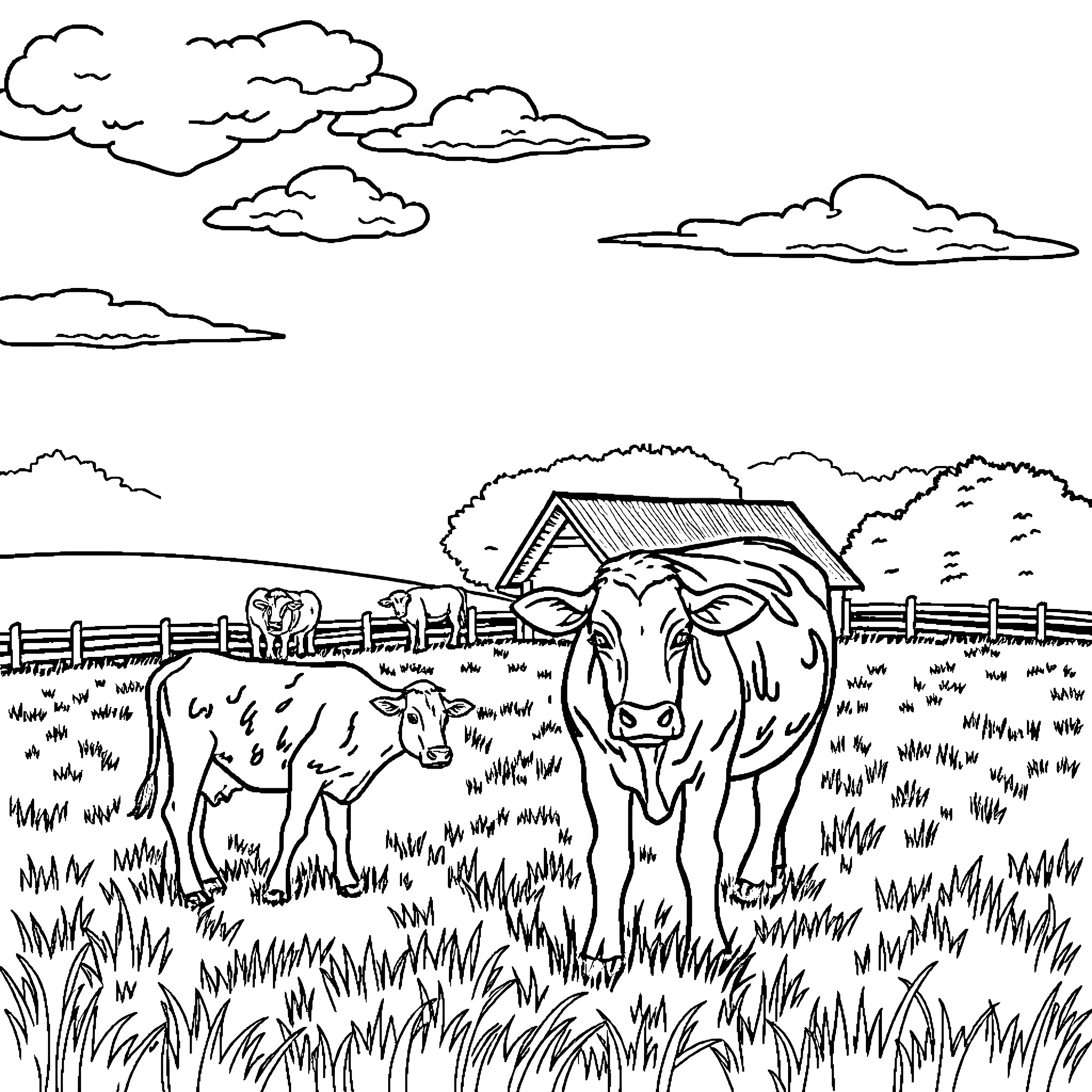 Cow resting peacefully in a pastoral farm landscape Coloring Page (free black-and-white line drawing printable PDF for all, from beginners to advanced learners, including children, teens, adults, and seniors)