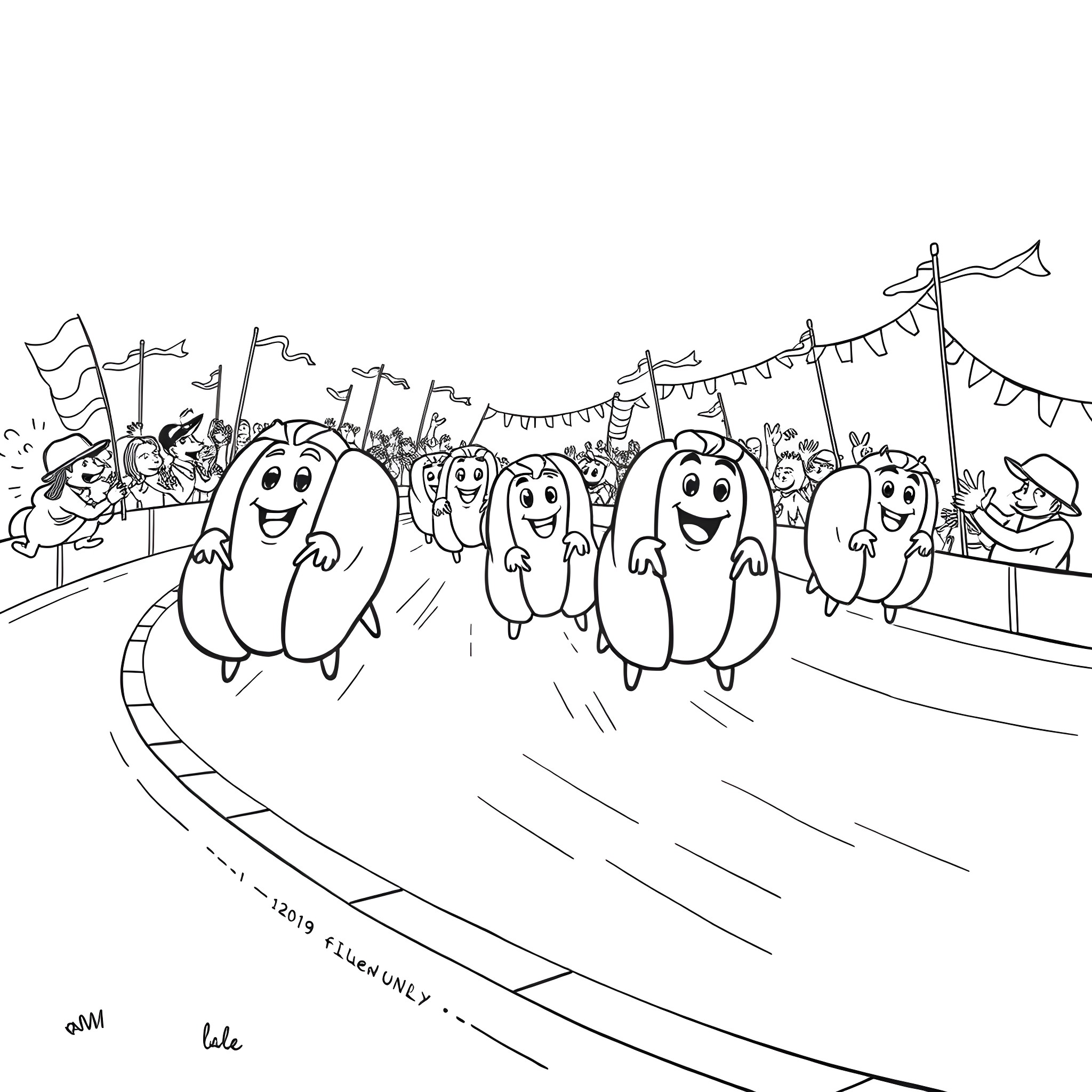 Hotdog characters running in a festive parade Coloring Page (free black-and-white line drawing printable PDF for all, from beginners to advanced learners, including children, teens, adults, and seniors)